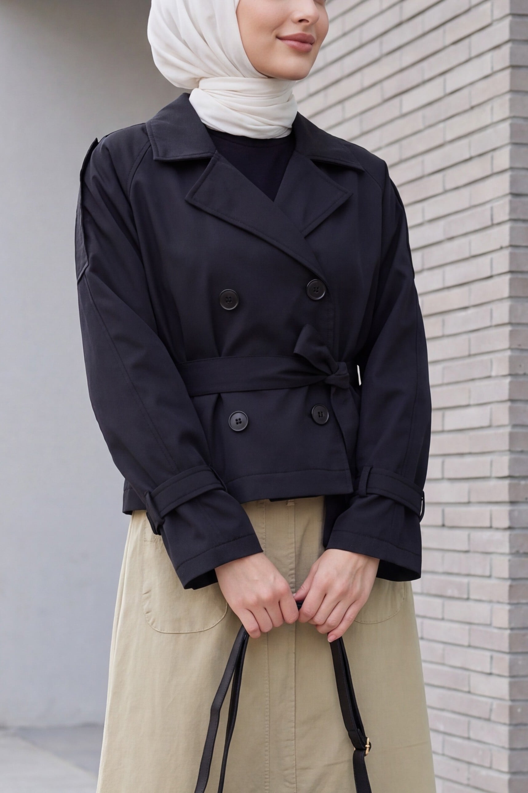 Women's Belted Short Trench Coat - Black - Bigdart - by Peralane