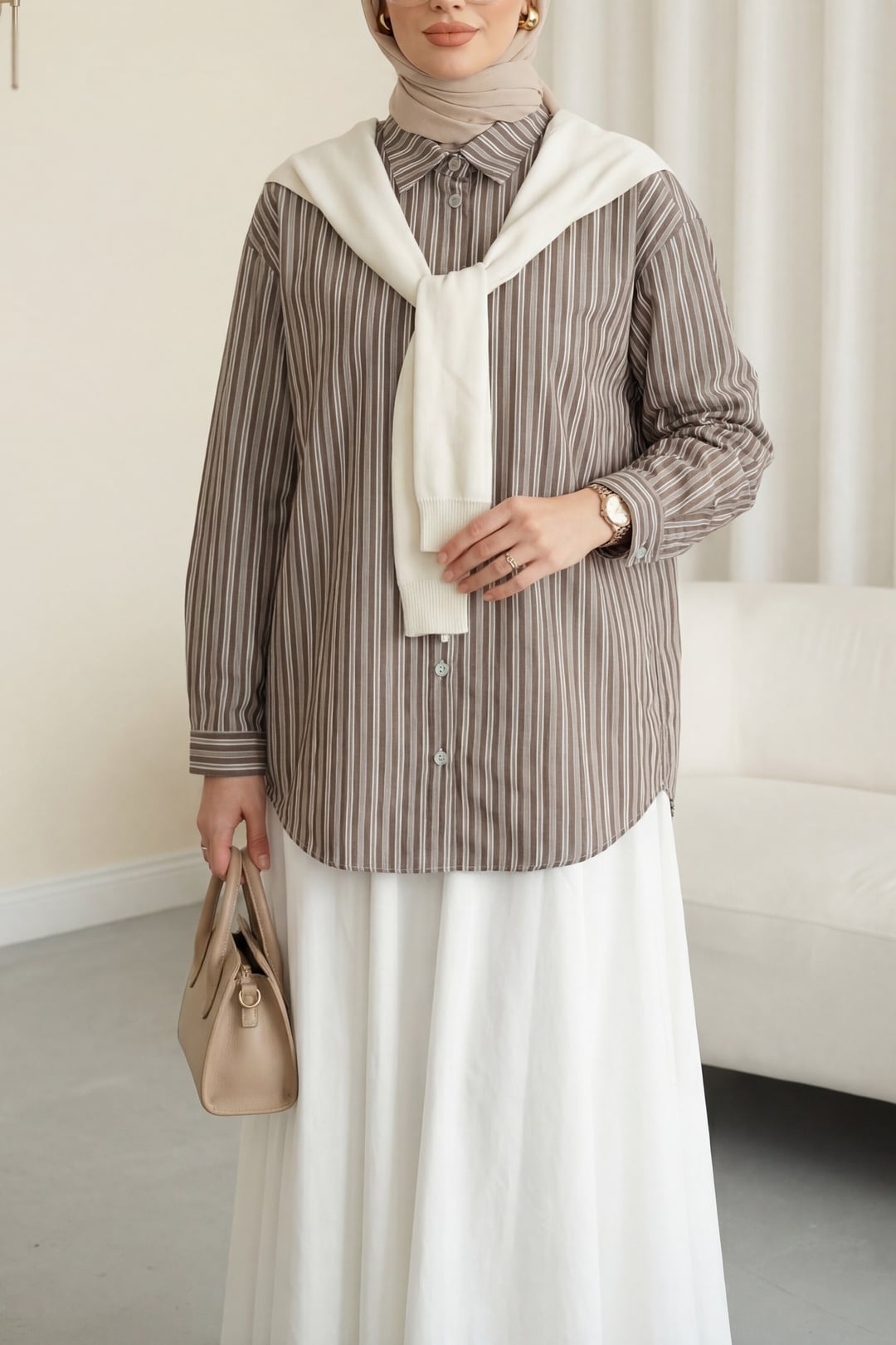 Striped Linen Look Shirt with Knitted Scarf Detail - Brown - Podyumplus - by Peralane