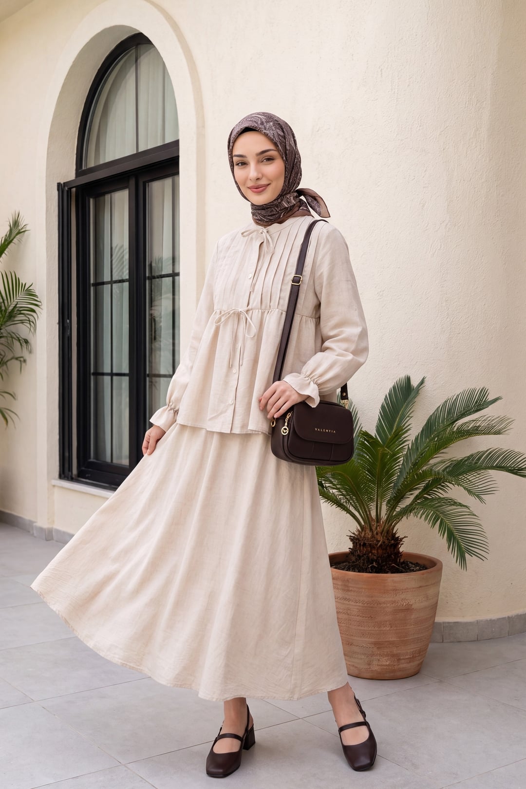 Half Button Long Sleeve Tie Front Linen Look Skirt Set - Beige - Podyumplus - by Peralane - photo 3