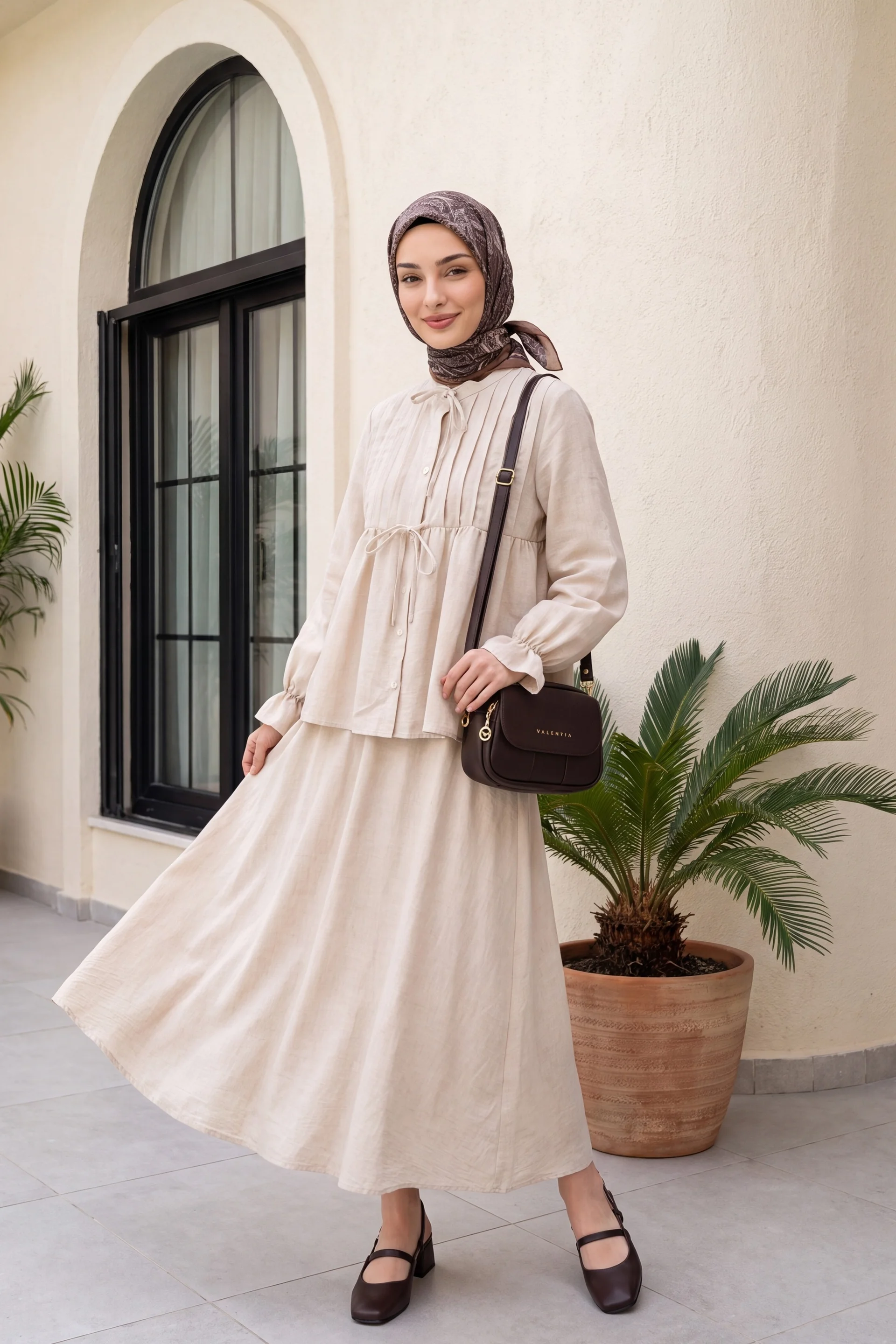 Half Button Long Sleeve Tie Front Linen Look Skirt Set - Beige - Podyumplus - by Peralane - photo 3
