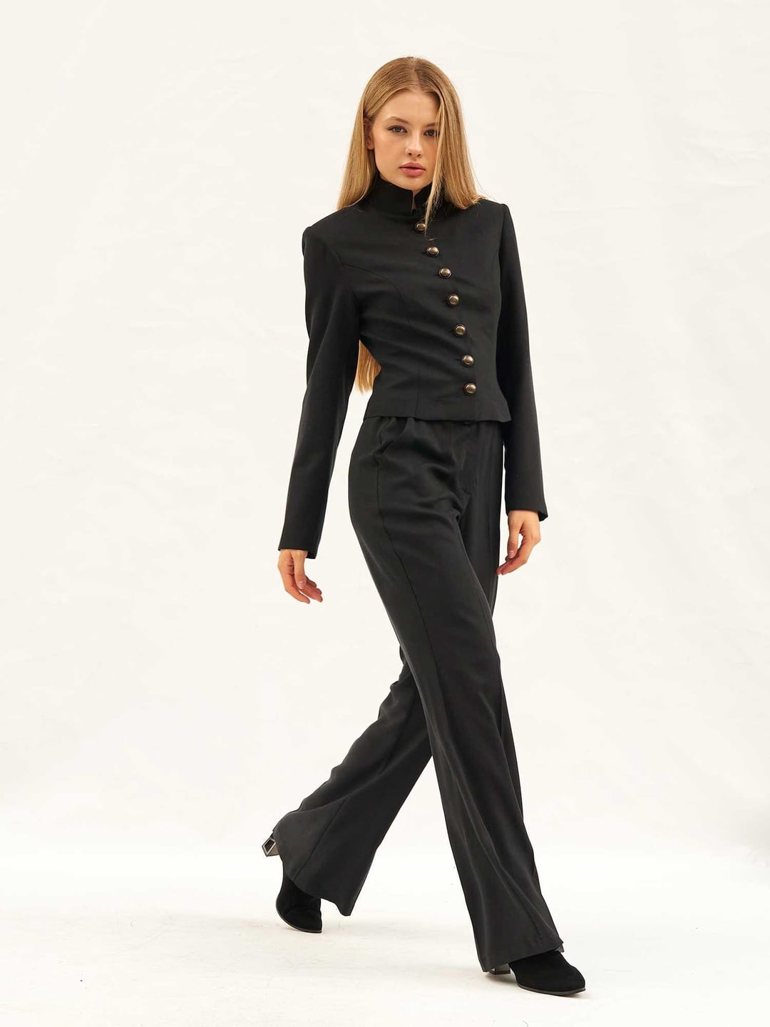 Black Button-Front Jacket and Flared Trousers Set for Women - Lefon - by Peralane - photo 2