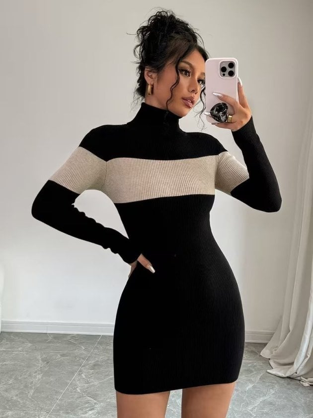 Women's Long-Sleeved Turtleneck Ribbed Knit Dress with Cream and Black Stripes - Janes - by Peralane - photo 7