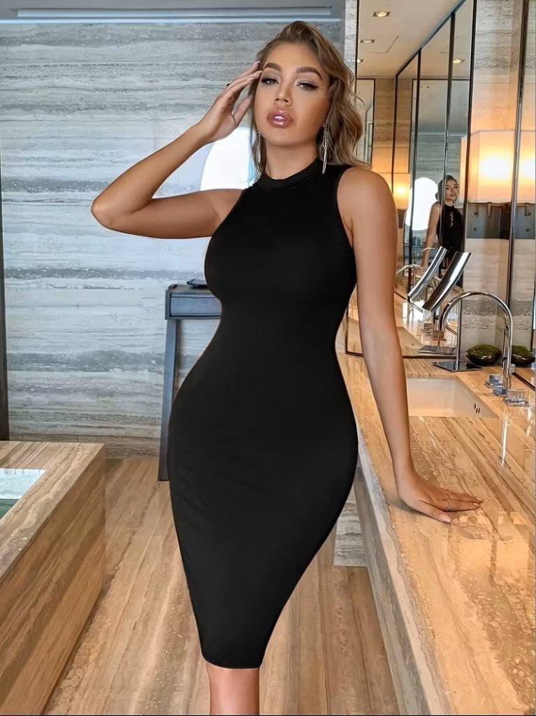 Women's Sleeveless Black Knit Midi Dress - Janes - by Peralane