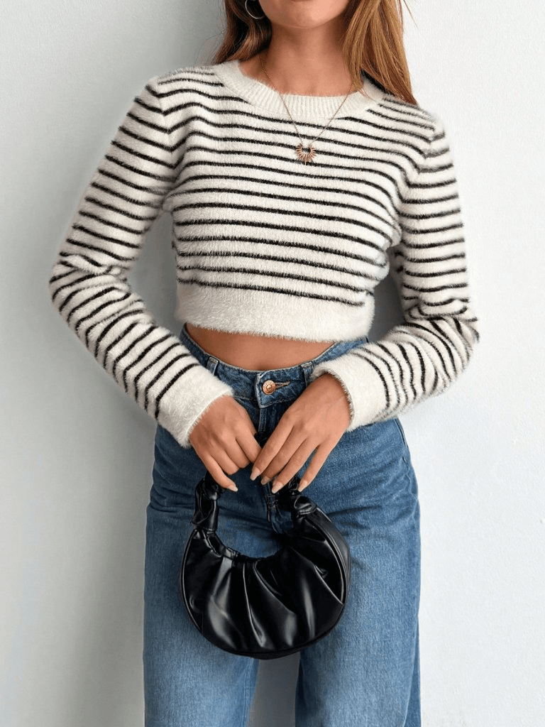 Women's Long Sleeve Crew Neck Crop Knit Sweater, Black and White Stripes - Janes - by Peralane