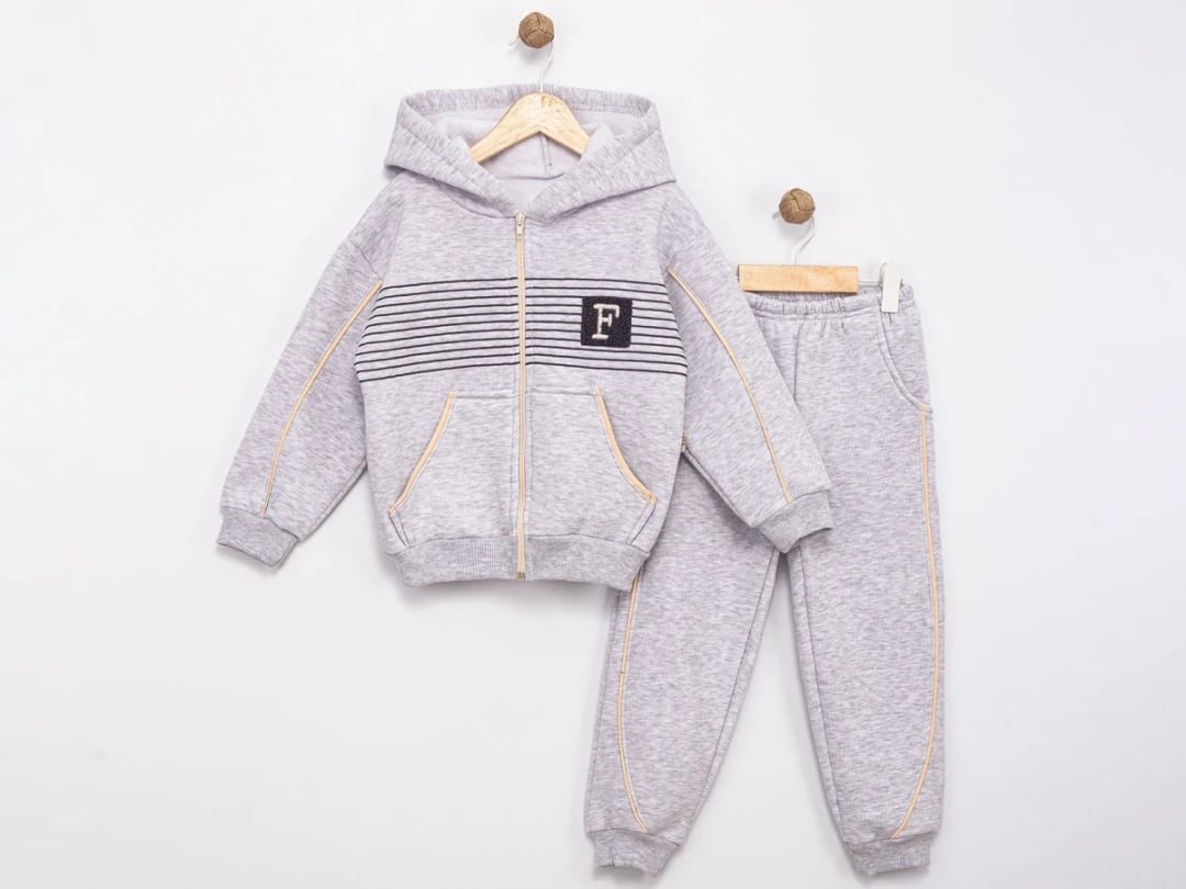 Boys' Hooded Zip-Up Tracksuit Set with 'F' Logo - Grey - Feely Kids - by Peralane