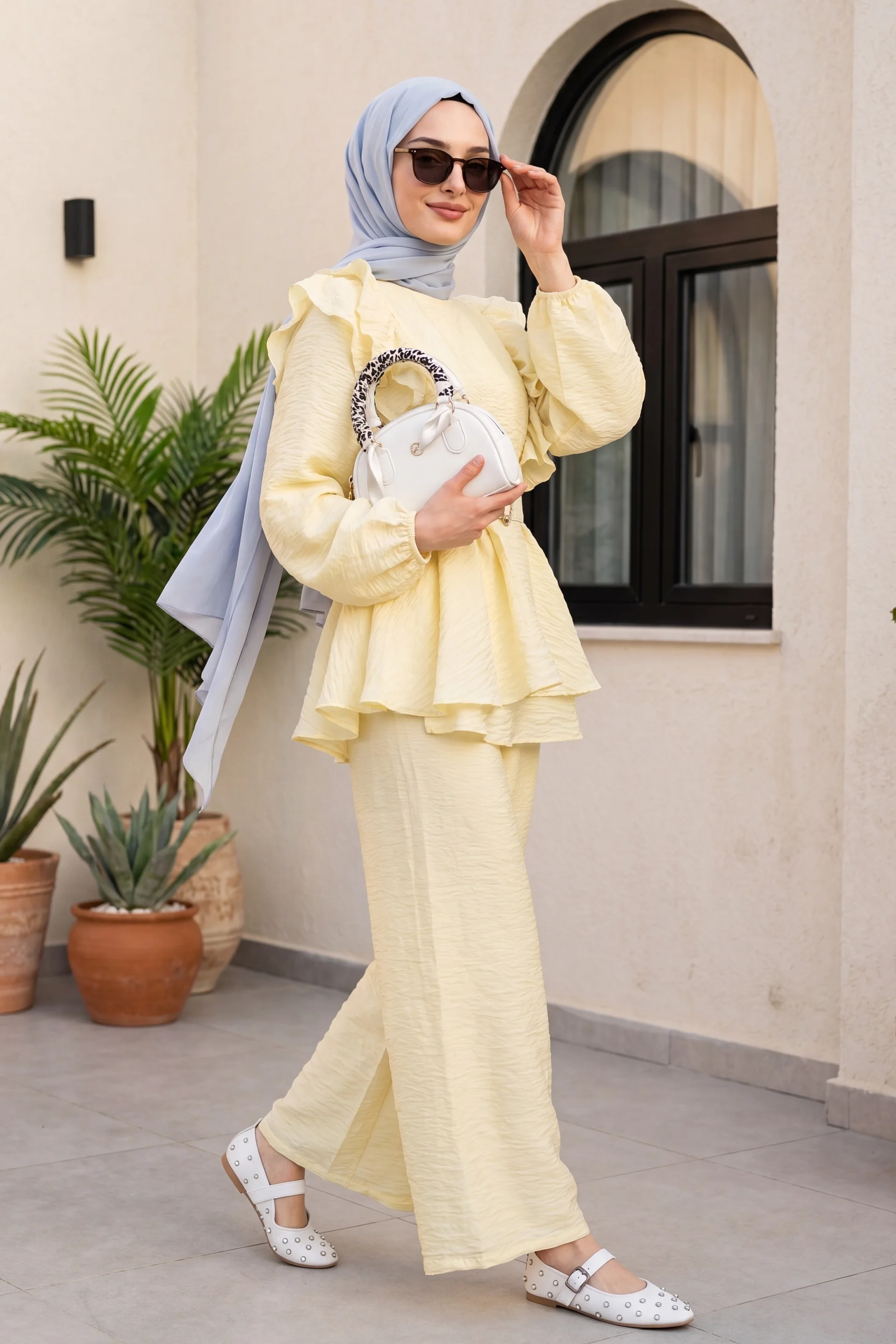 Ruffled Front Voile Blouse and Wide-Leg Trousers Set - Yellow - Podyumplus - by Peralane - photo 3