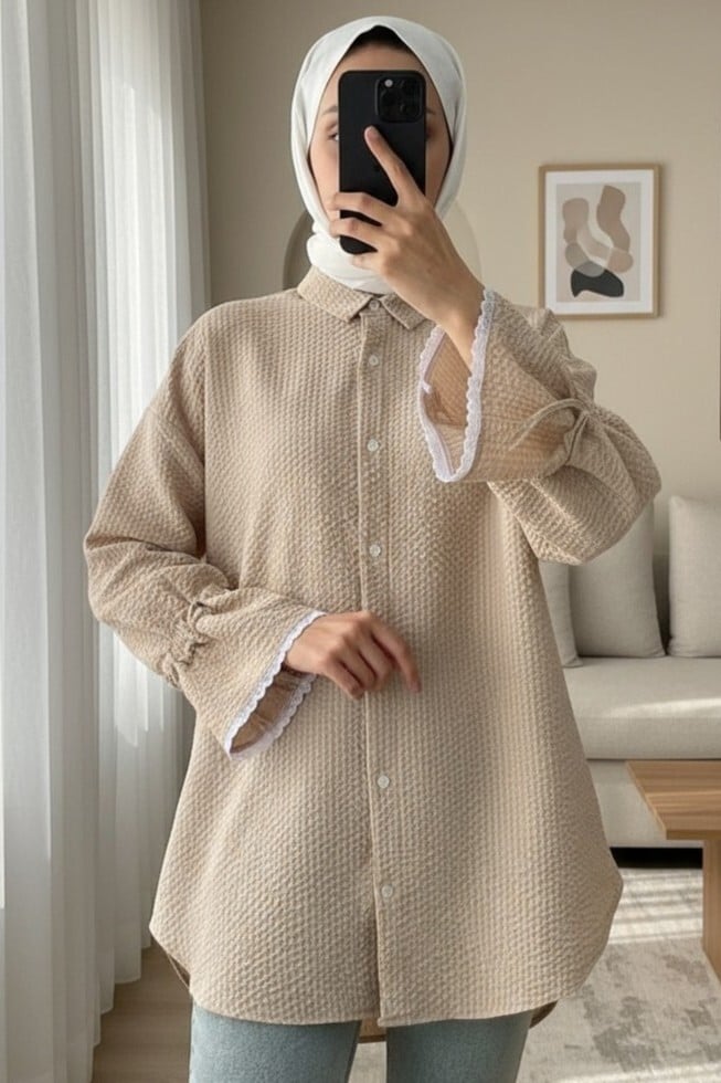 Women's Beige Ruffled Crinkle Blouse and Trousers Set with Tiered Lace Sleeves - Podyumplus - by Peralane - photo 5