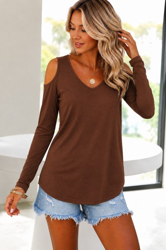 Women's Long Sleeve Cold Shoulder V-Neck Blouse in Brown - Janes - by Peralane - photo 2