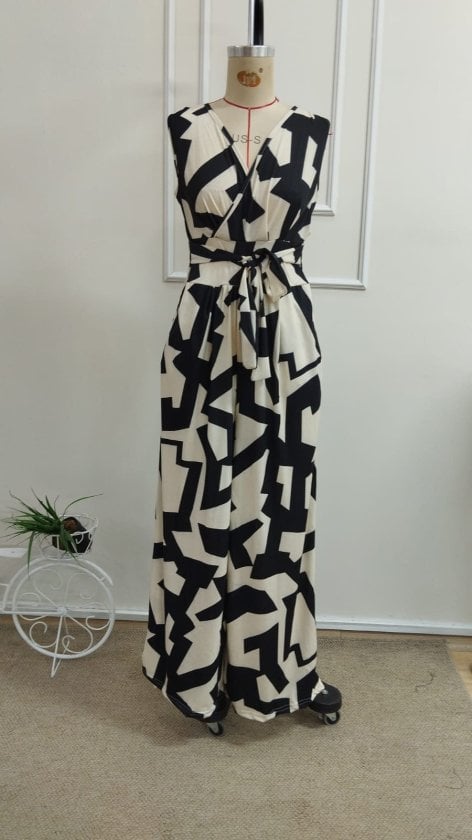Women's Sleeveless V-Neck Wide-Leg Jumpsuit with Self-Tie Belt, Abstract Geometric Print, Beige and Black, Sold as a Pack of 6 - Janes - by Peralane - photo 4
