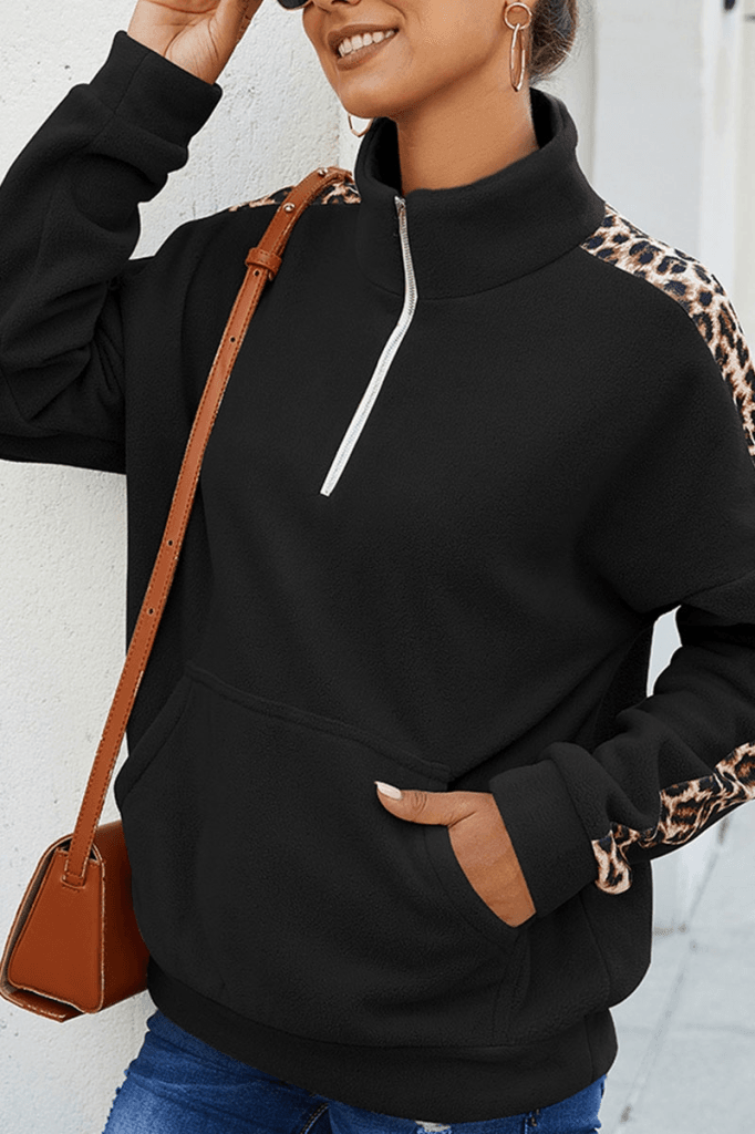 Women's Long Sleeve High Neck Quarter-Zip Fleece Blouse with Leopard Print Panels - Janes - by Peralane - photo 2