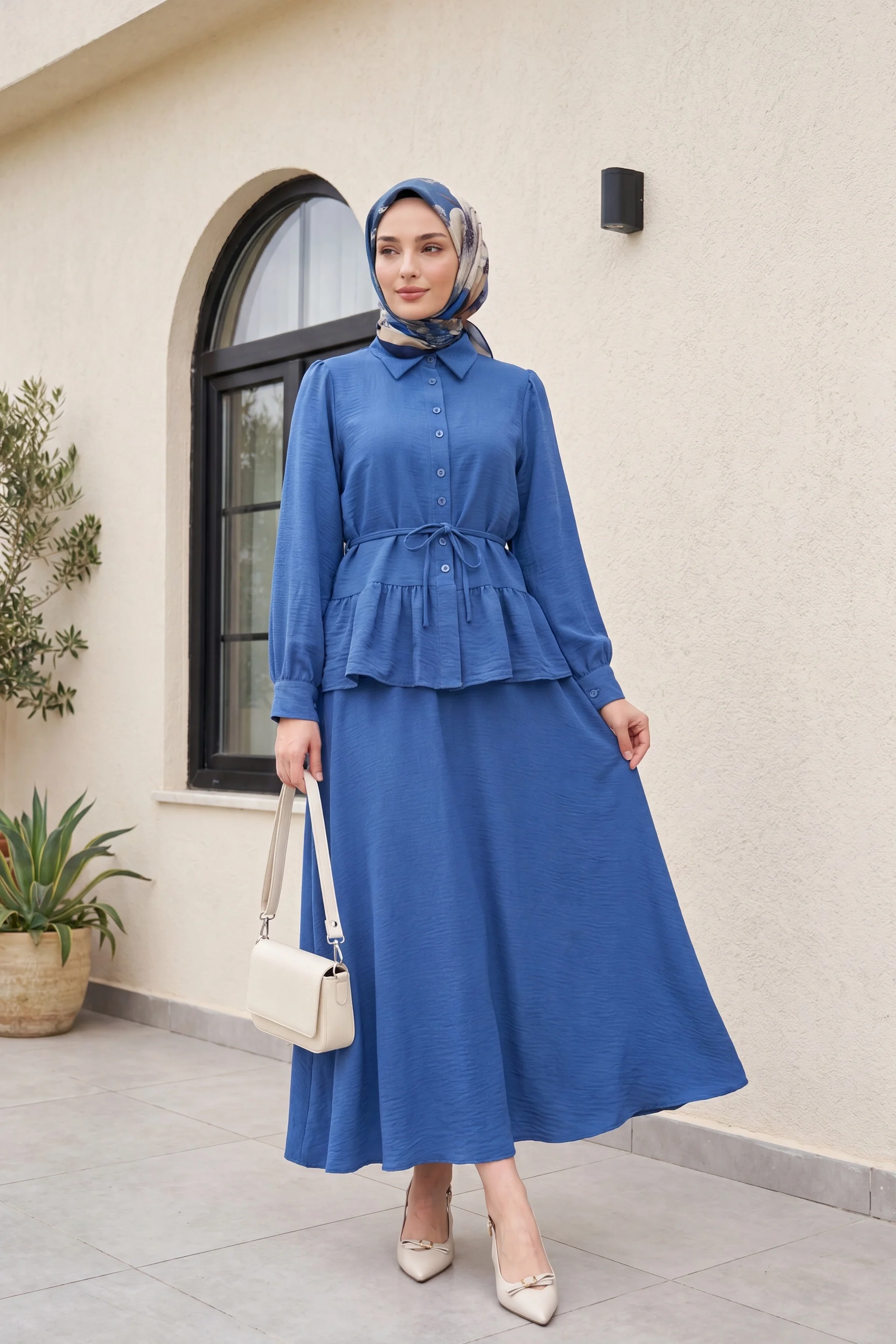 Piecewise Ruffled Blouse and Skirt Set - Indigo - Podyumplus - by Peralane