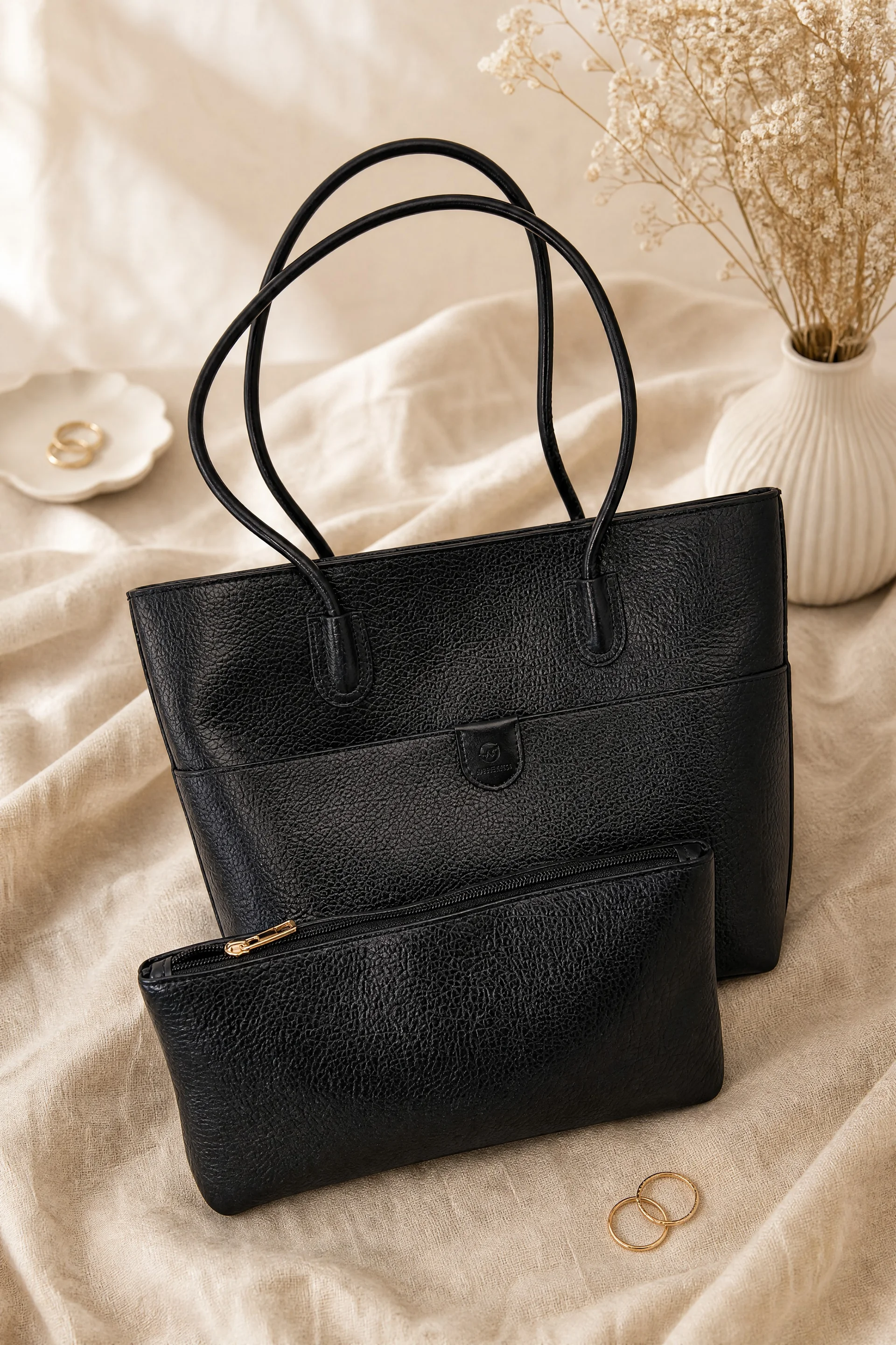 Black Faux Leather Tote Bag with Zippered Makeup Pouch - Podyumplus - by Peralane