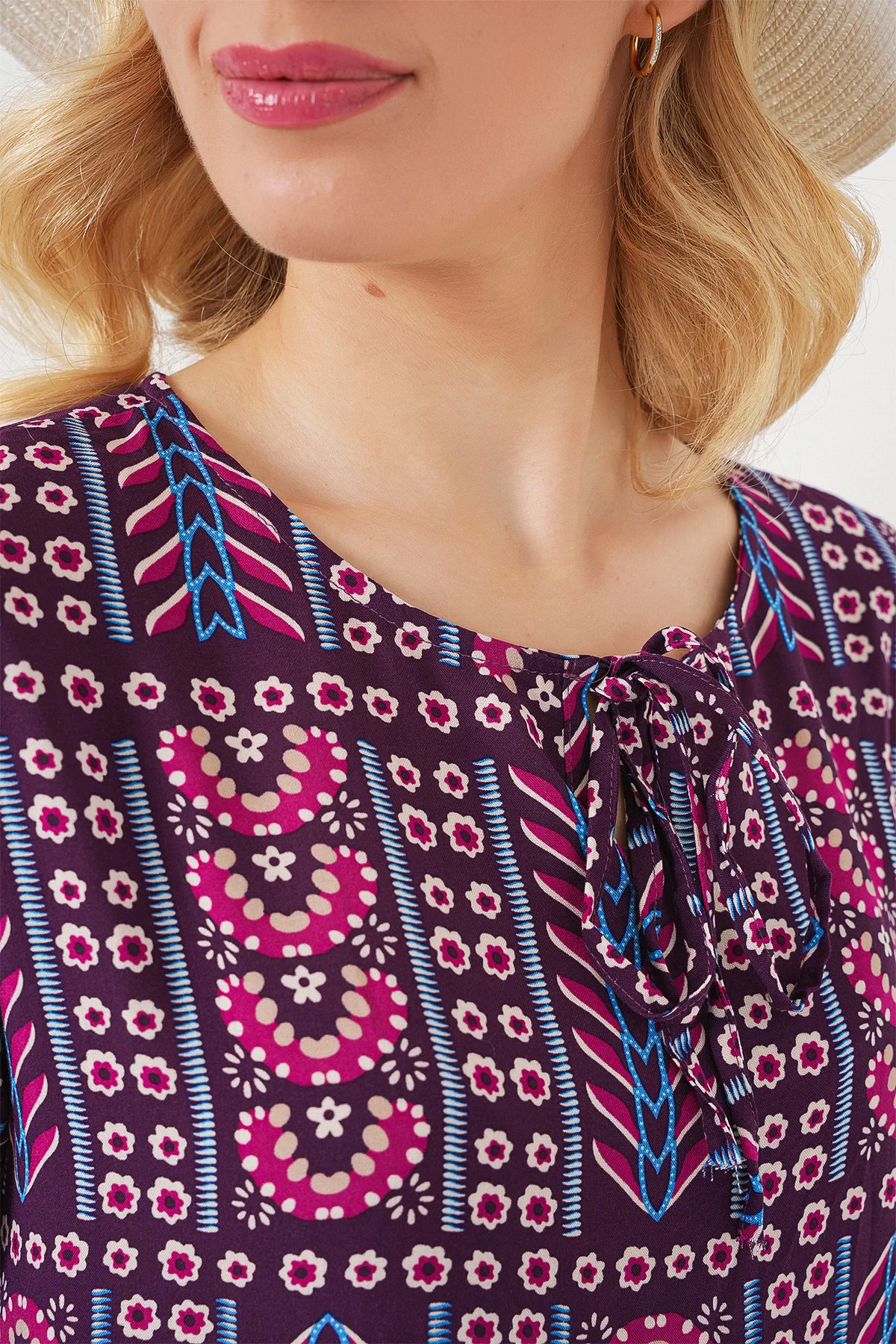 Women's Patterned Short Sleeve Blouse 969 - Burgundy - Bigdart - by Peralane - photo 5