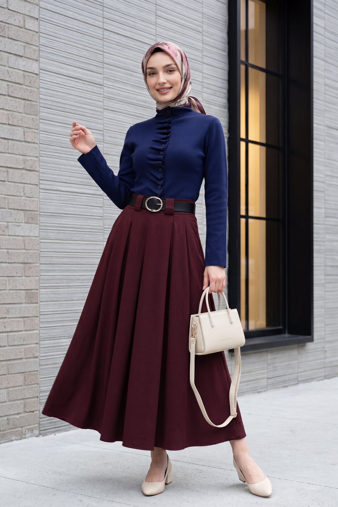 Navy Blue Ruffled Placket Buttoned Stand-Collar Knit Cardigan - Podyumplus - by Peralane - photo 3