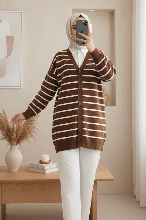 Striped Button-Up V-Neck Knit Cardigan - Brown - Podyumplus - by Peralane
