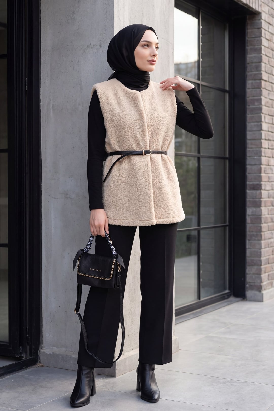 Beige Belted Lined Plush Vest - Podyumplus - by Peralane - photo 3