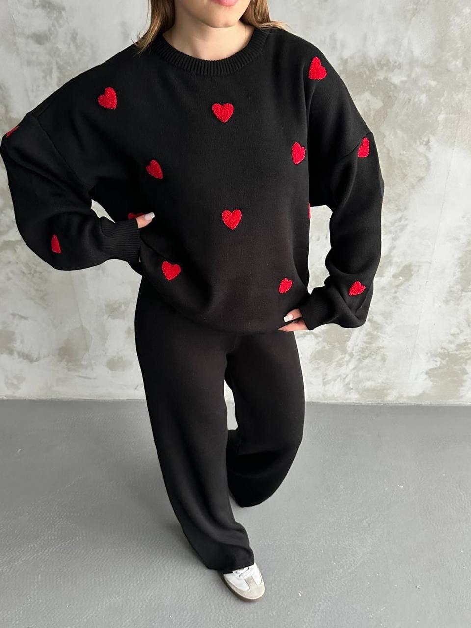Black Knit Loungewear Set with Red Heart Print - Women's Sweater and Trousers - Modabessa - by Peralane