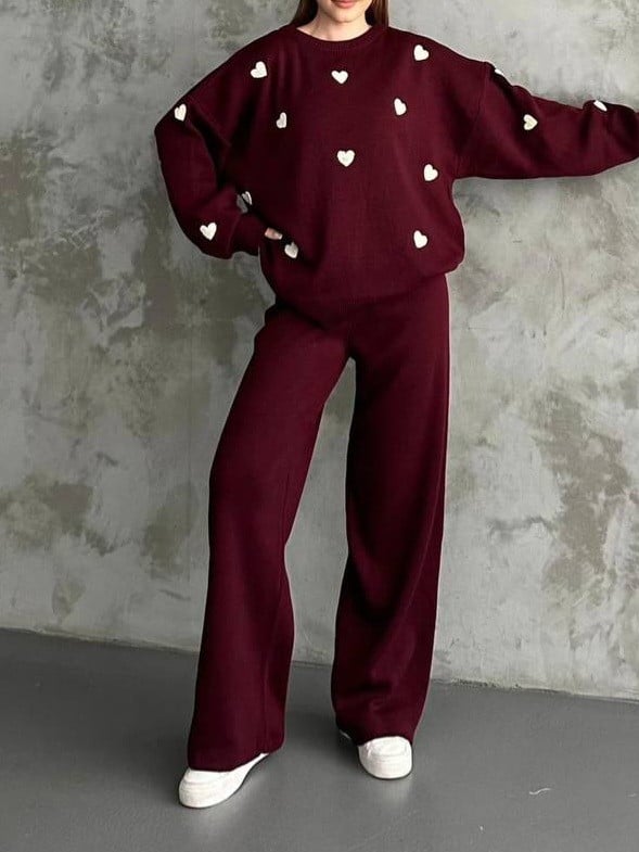Heart Print Knit Lounge Set - Burgundy - Modabessa - by Peralane