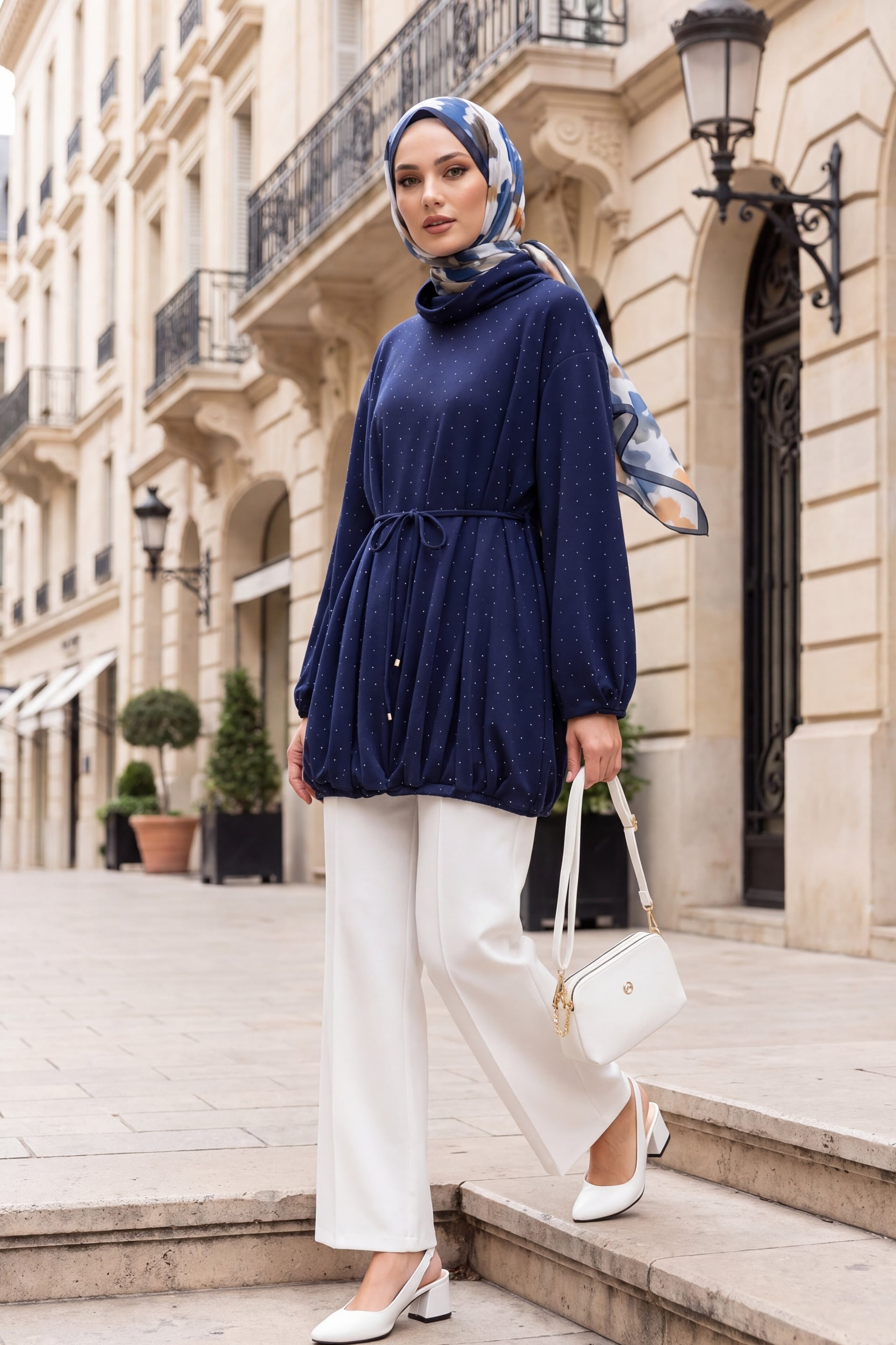 Navy Polka Dot Drawstring Waist Sweatshirt Dress with Half Collar - Podyumplus - by Peralane - photo 2