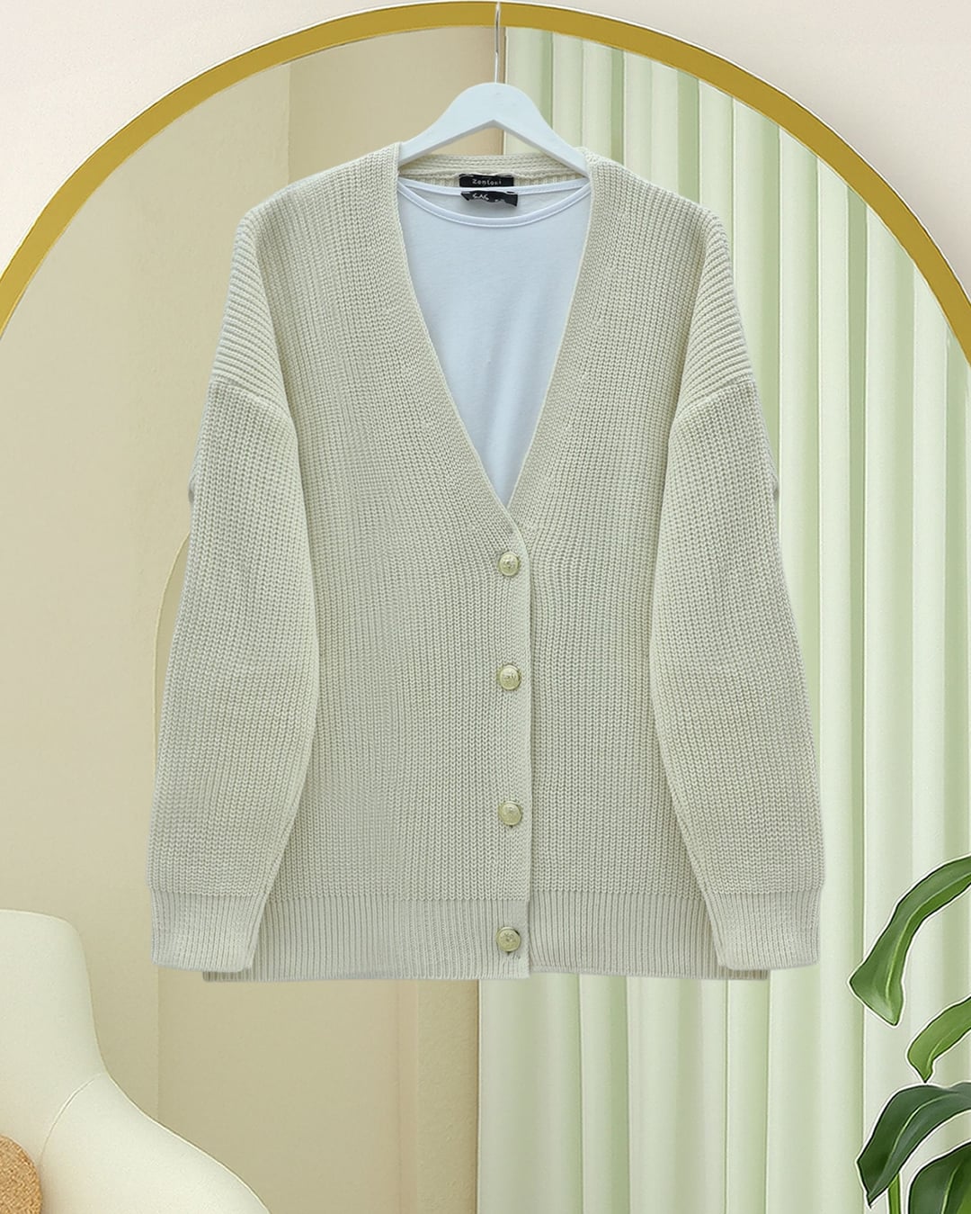 Cream Gold Button Relaxed Knit Cardigan - Podyumplus - by Peralane - photo 3