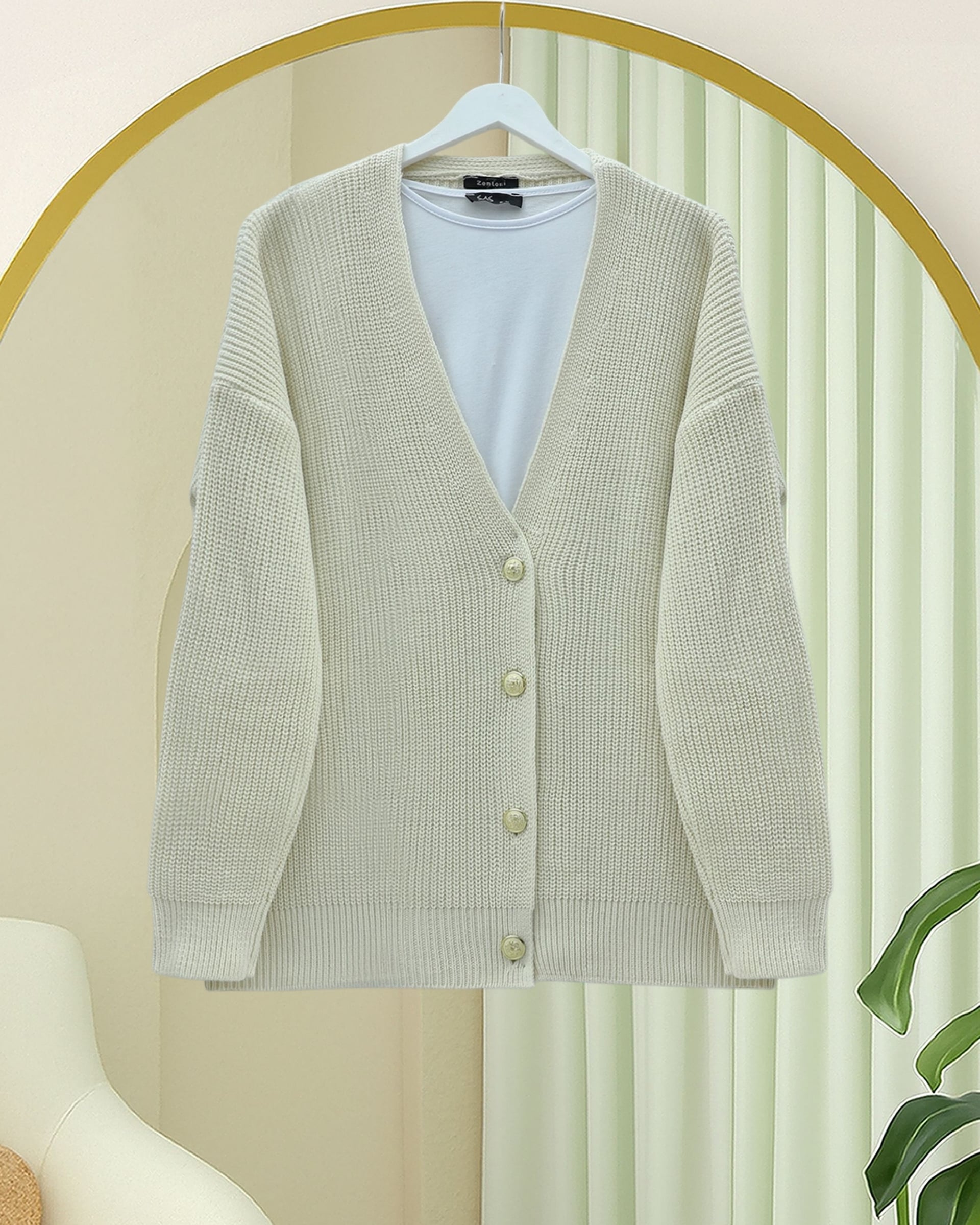 Cream Gold Button Relaxed Knit Cardigan - Podyumplus - by Peralane - photo 3