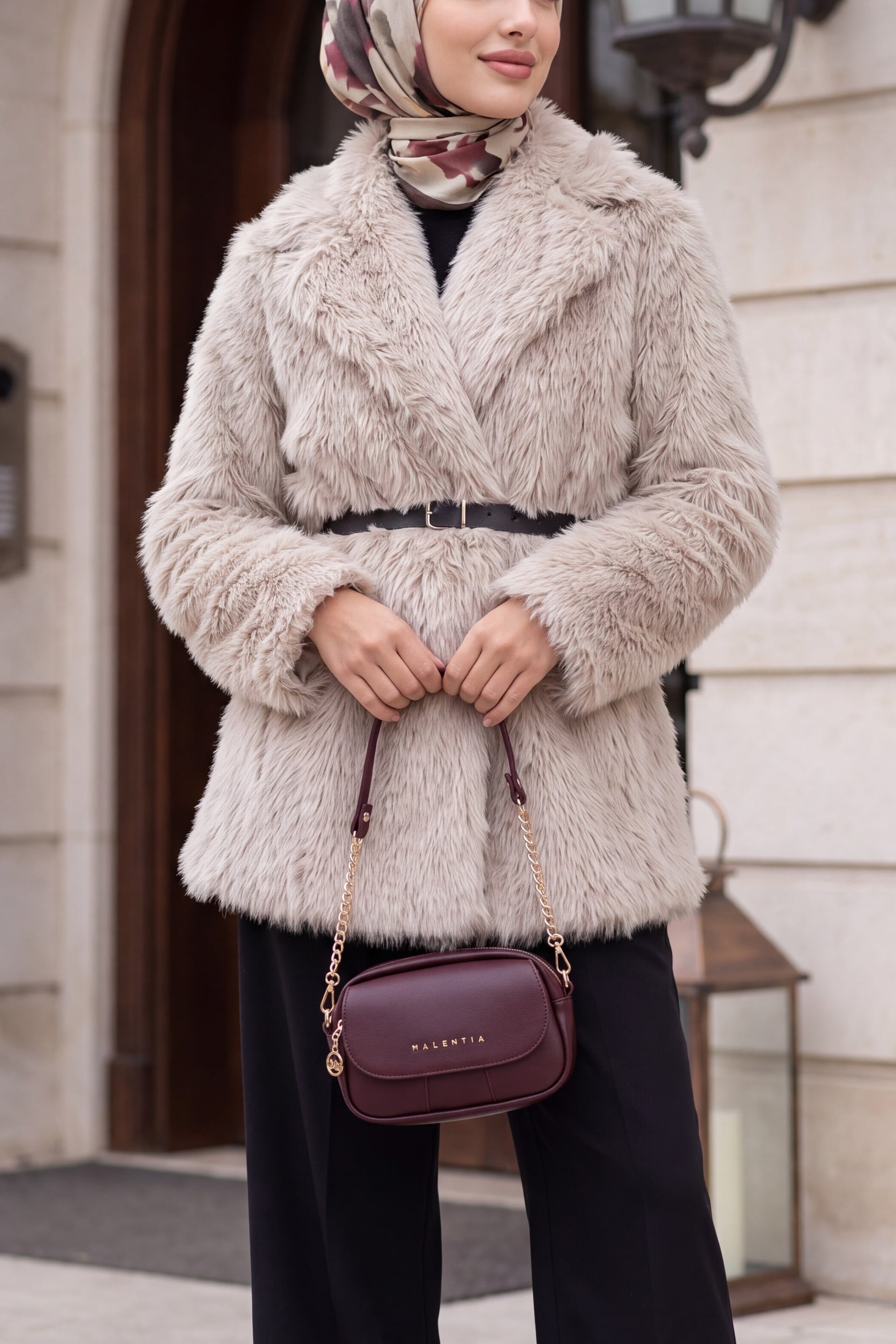 Cream Faux Fur Lapel Collar Coat with Belt - Bigdart - by Peralane