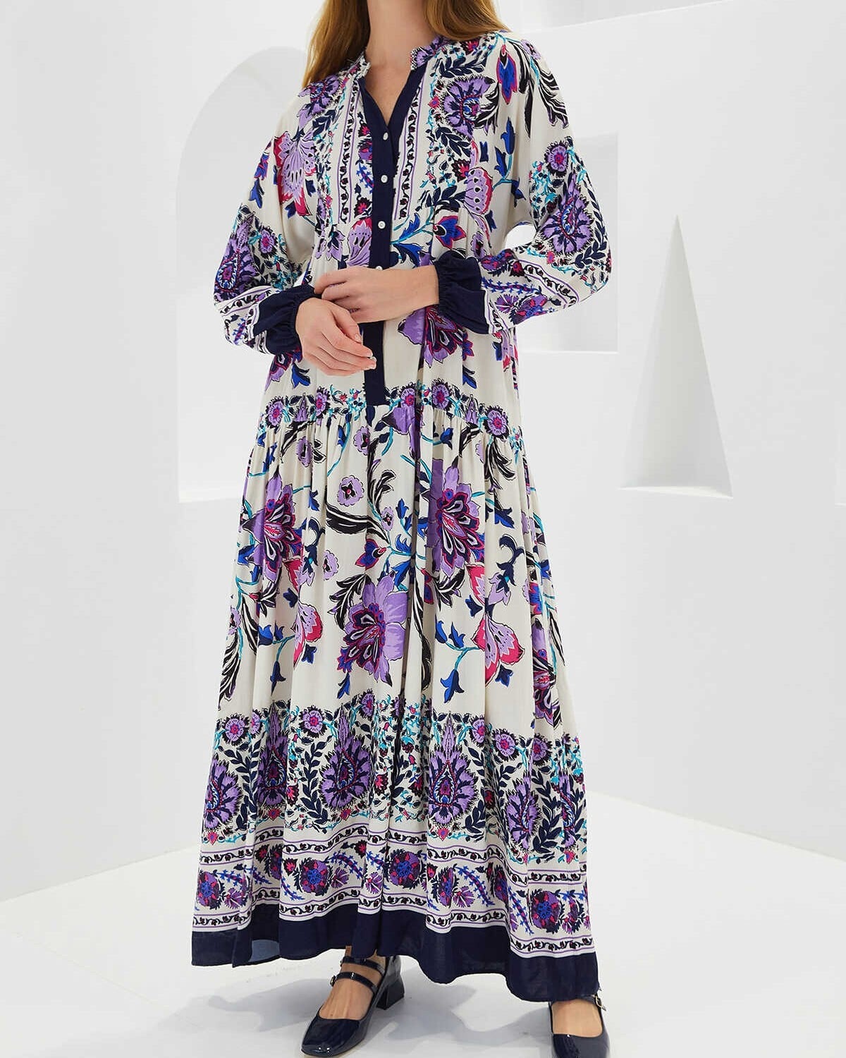 Women's Navy Blue Viscose Modest Floral Dress - Bigdart - by Peralane - photo 5