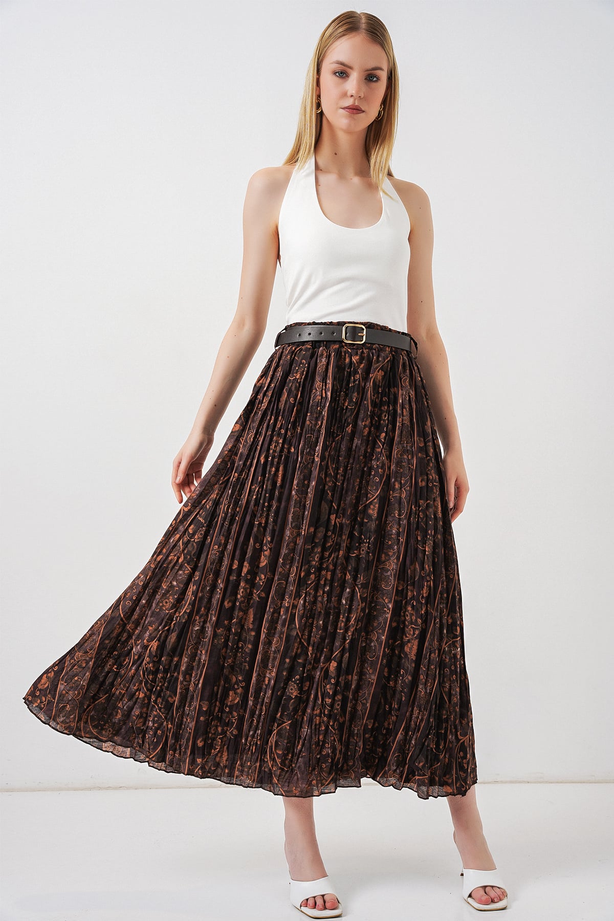 Women's Belted Patterned Skirt 8074 - Brown - Bigdart - by Peralane - photo 2