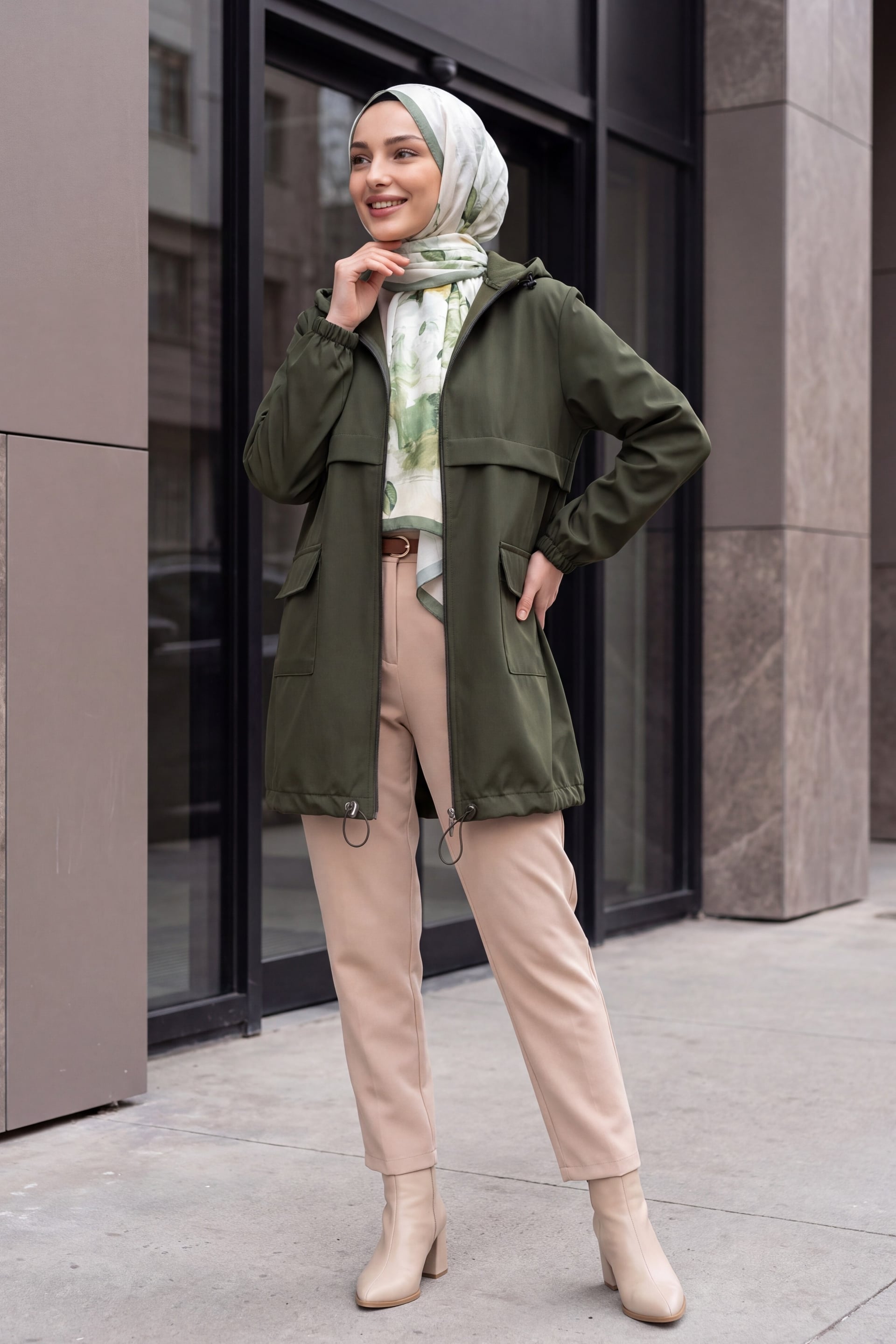 Hooded Zip-Up Raincoat with Flap Pockets - Olive Green - Podyumplus - by Peralane - photo 3