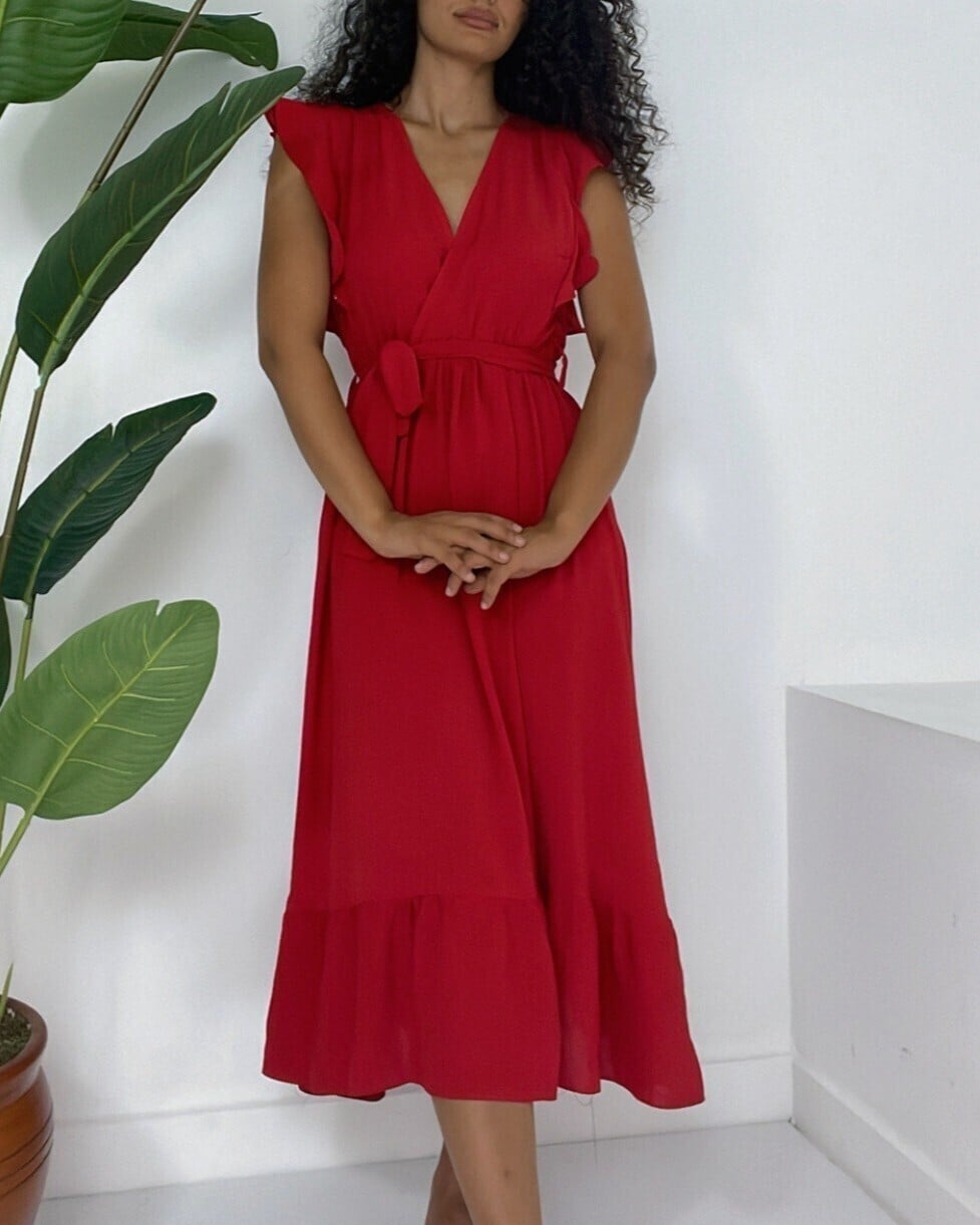 Red Wrap Dress with Flutter Sleeves and Belt - Women's - Podyumplus - by Peralane - photo 2