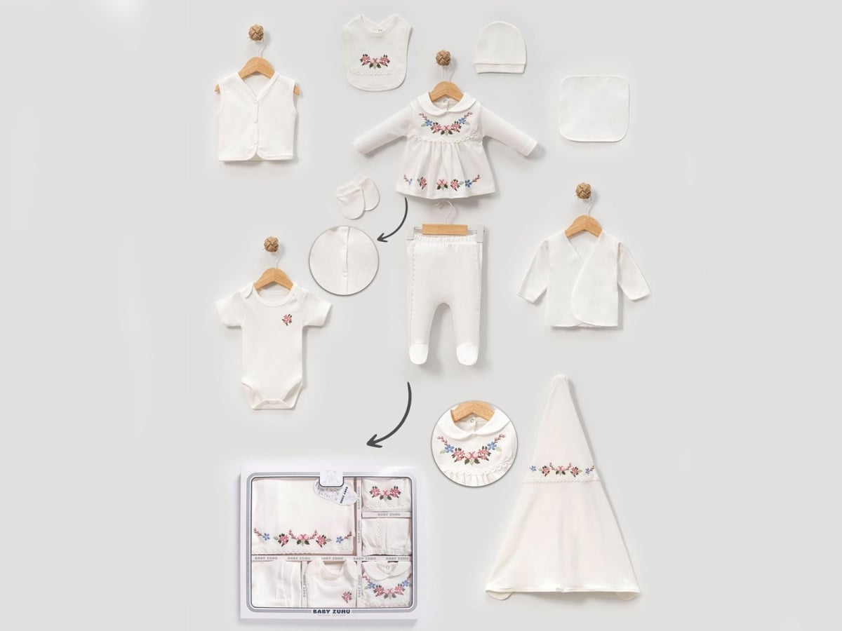 Newborn Hospital Exit Set - Embroidered 10-Piece Layette for Girls - Baby Zuhu - by Peralane