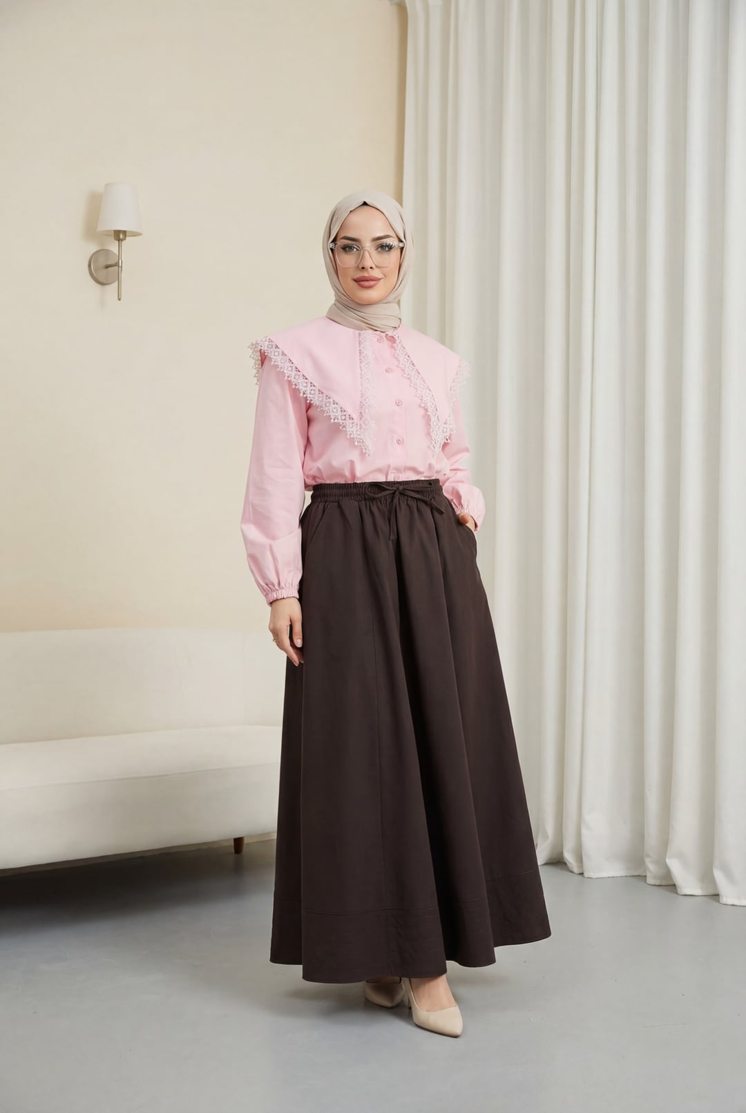 Lace-Trimmed Wide Collar Tie-Front Poplin Blouse with Elastic Cuffs - Pink - Podyumplus - by Peralane - photo 2