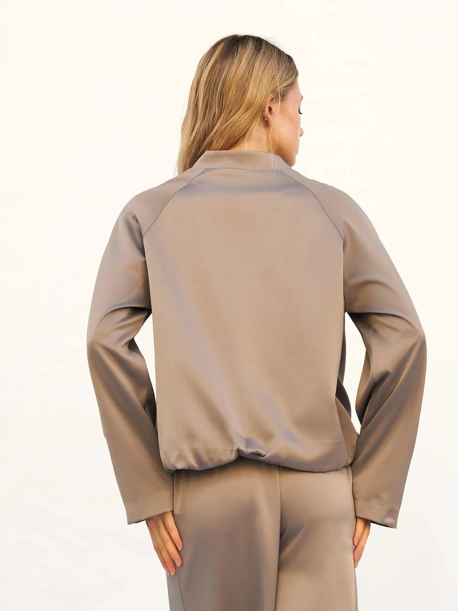 Taupe Satin Mandarin Collar Bomber Jacket - Lefon - by Peralane - photo 3