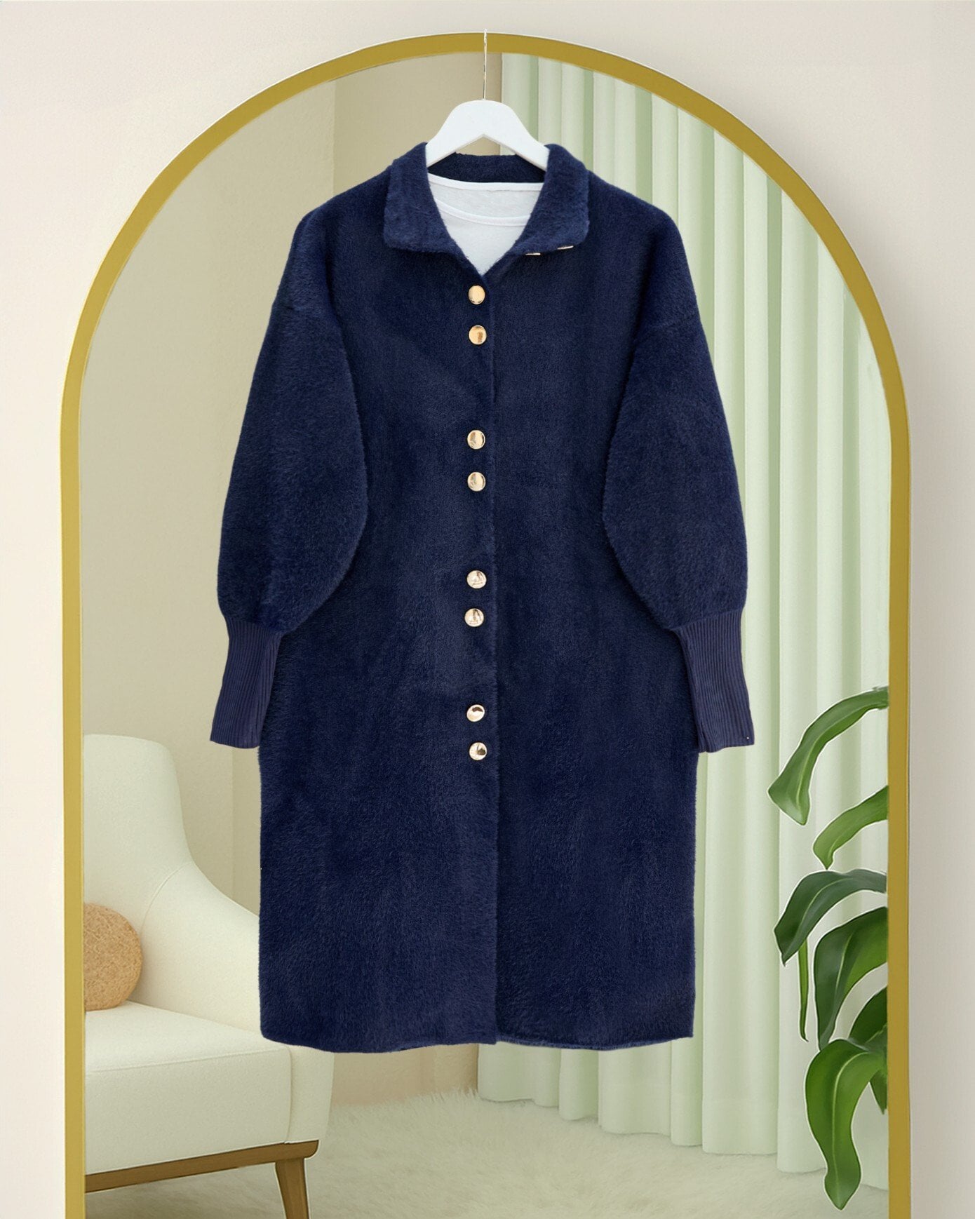 Navy Blue Button-Front Long Cardigan with High Neck - Women's Knitwear - Podyumplus - by Peralane - photo 4