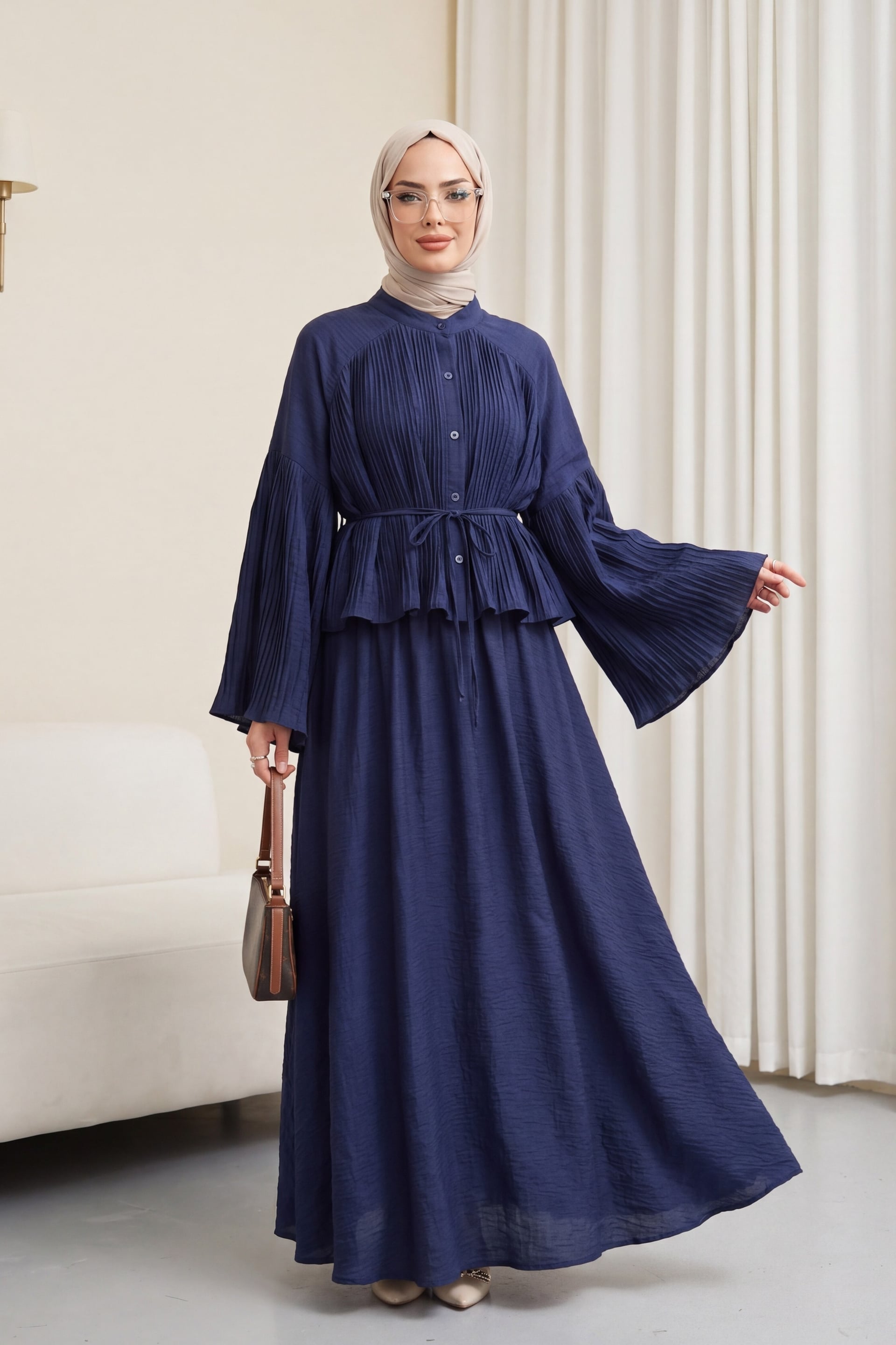 Pleated Lace-Up Skirted Jacquard Waffle Set - Navy - Podyumplus - by Peralane