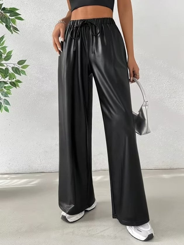 Women's High-Waist Wide-Leg Faux Leather Trousers with Drawstring - Janes - by Peralane