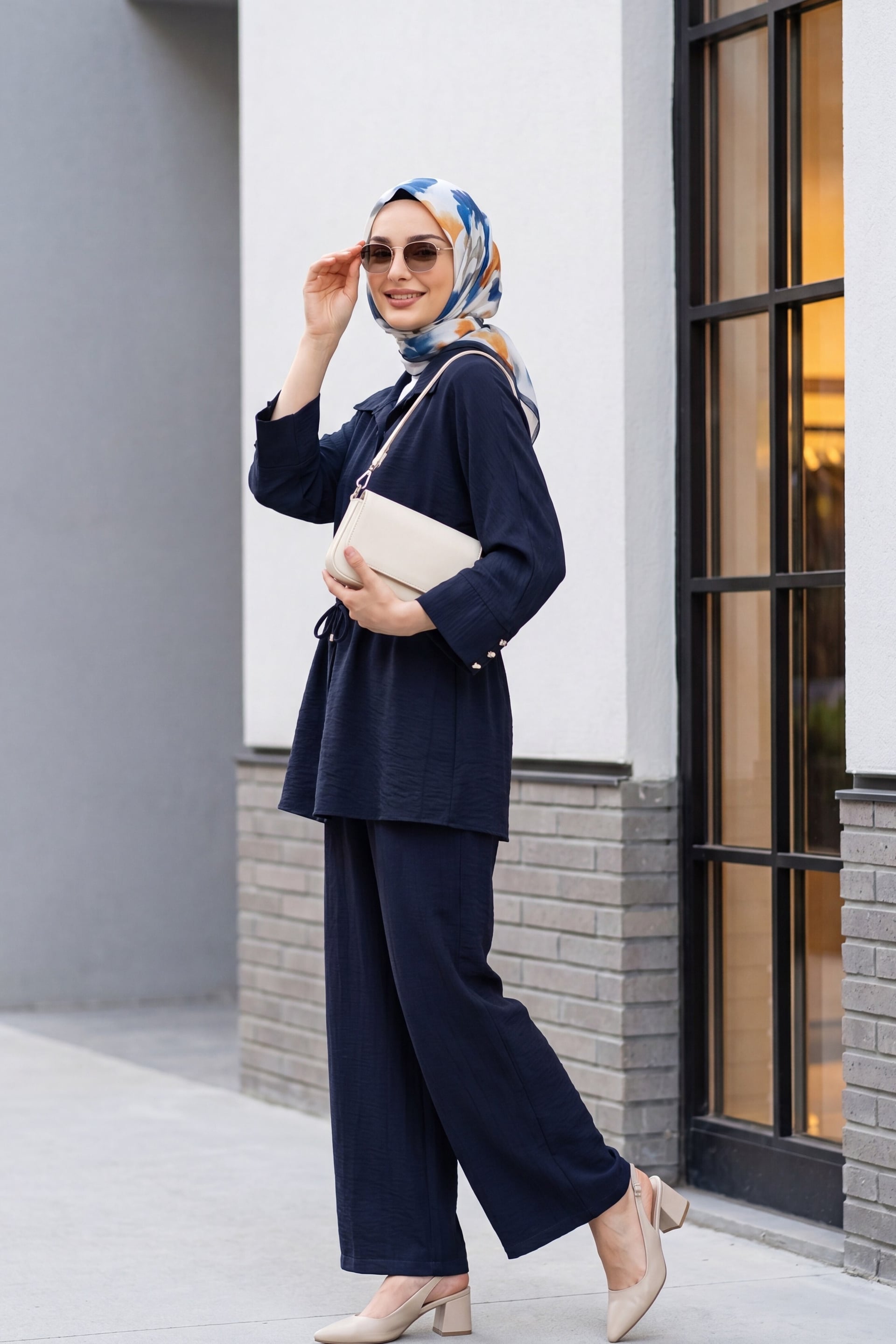 Navy Blue Cotton Crinkle Two-Piece Tunic and Wide-Leg Trousers Set - Podyumplus - by Peralane - photo 2