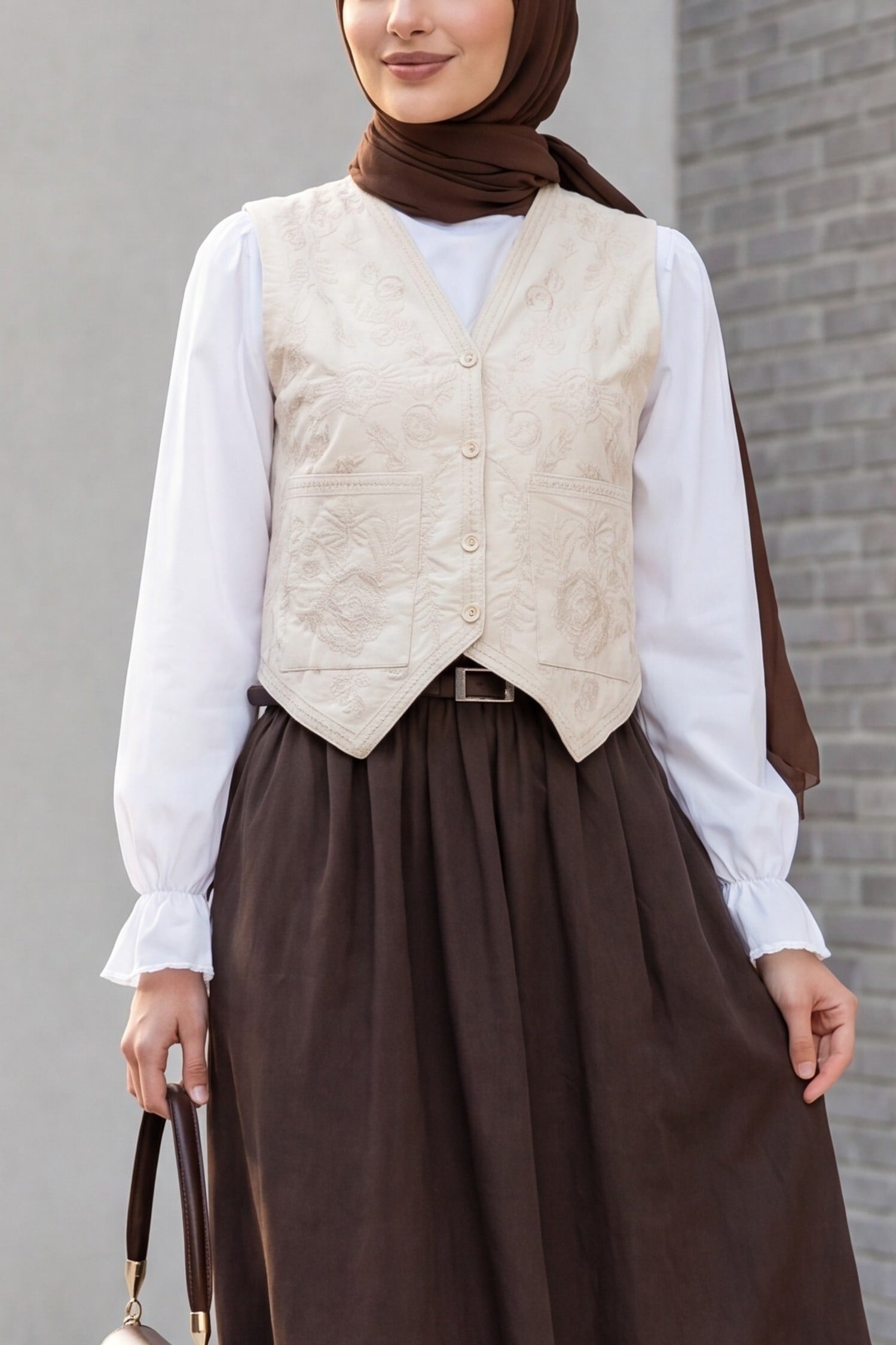 Double Pocket Button Embroidered Asymmetric Cut Linen Vest - Beige - Podyumplus - by Peralane - photo 4