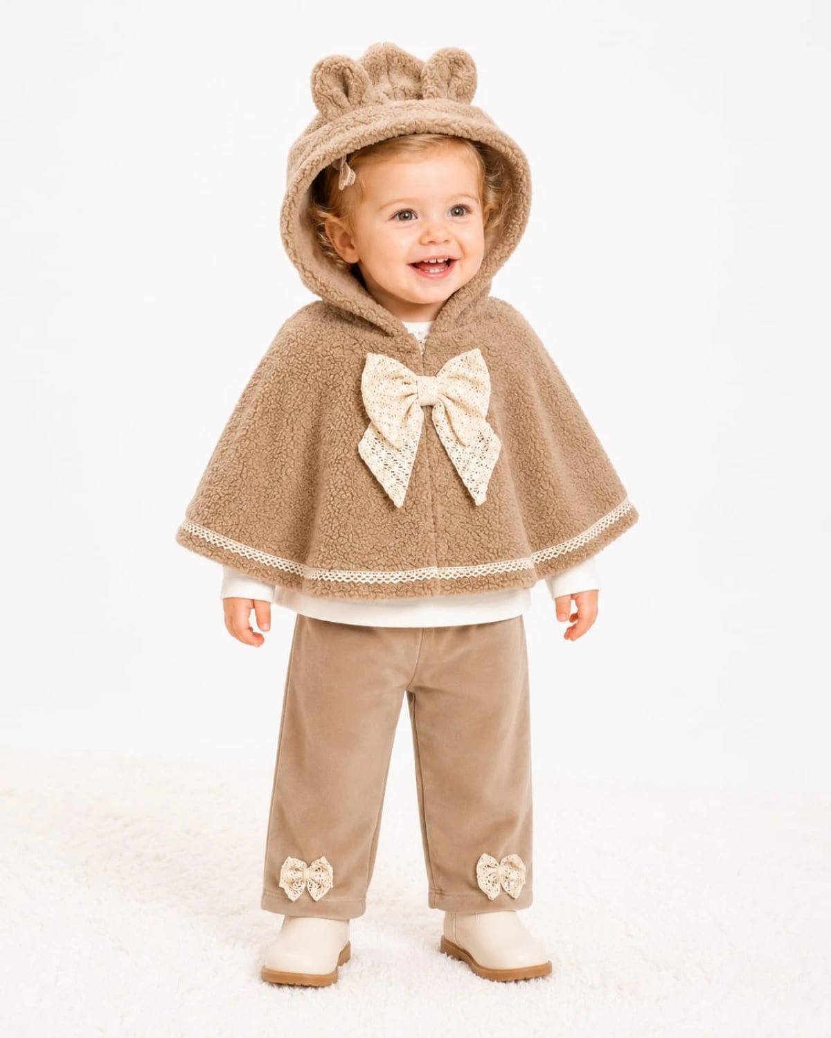 Baby Girls' Hooded Cape and Trousers Set - Light Brown - Serkon Baby - by Peralane