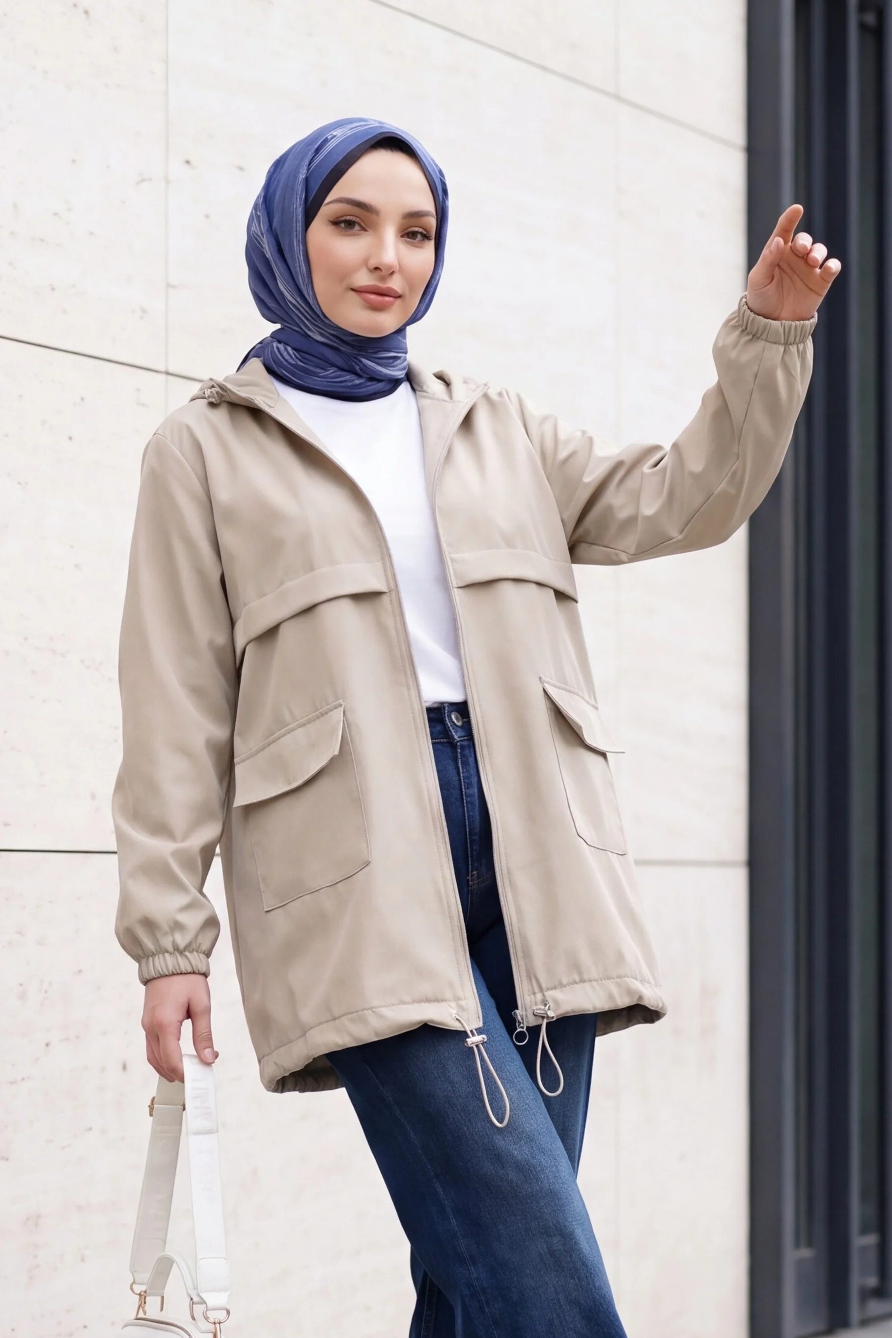 Hooded Full-Zip Raincoat with Flap Pockets - Stone - Podyumplus - by Peralane - photo 3