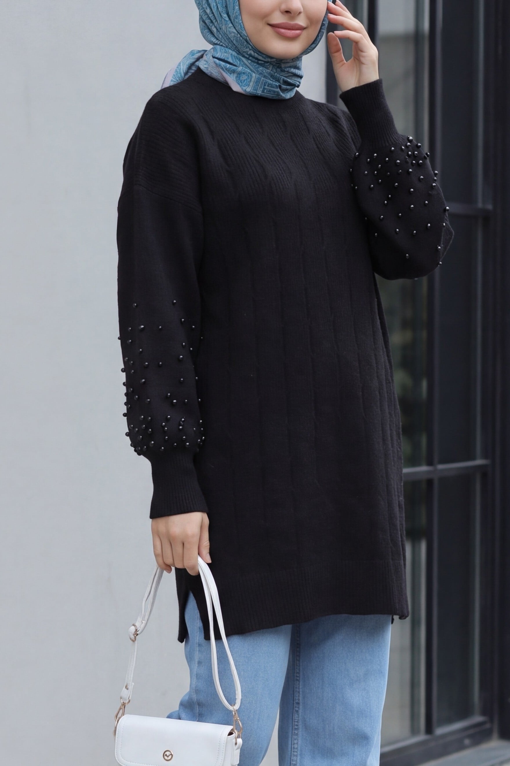 Black Beaded Cable Knit Tunic with High Neck - Podyumplus - by Peralane