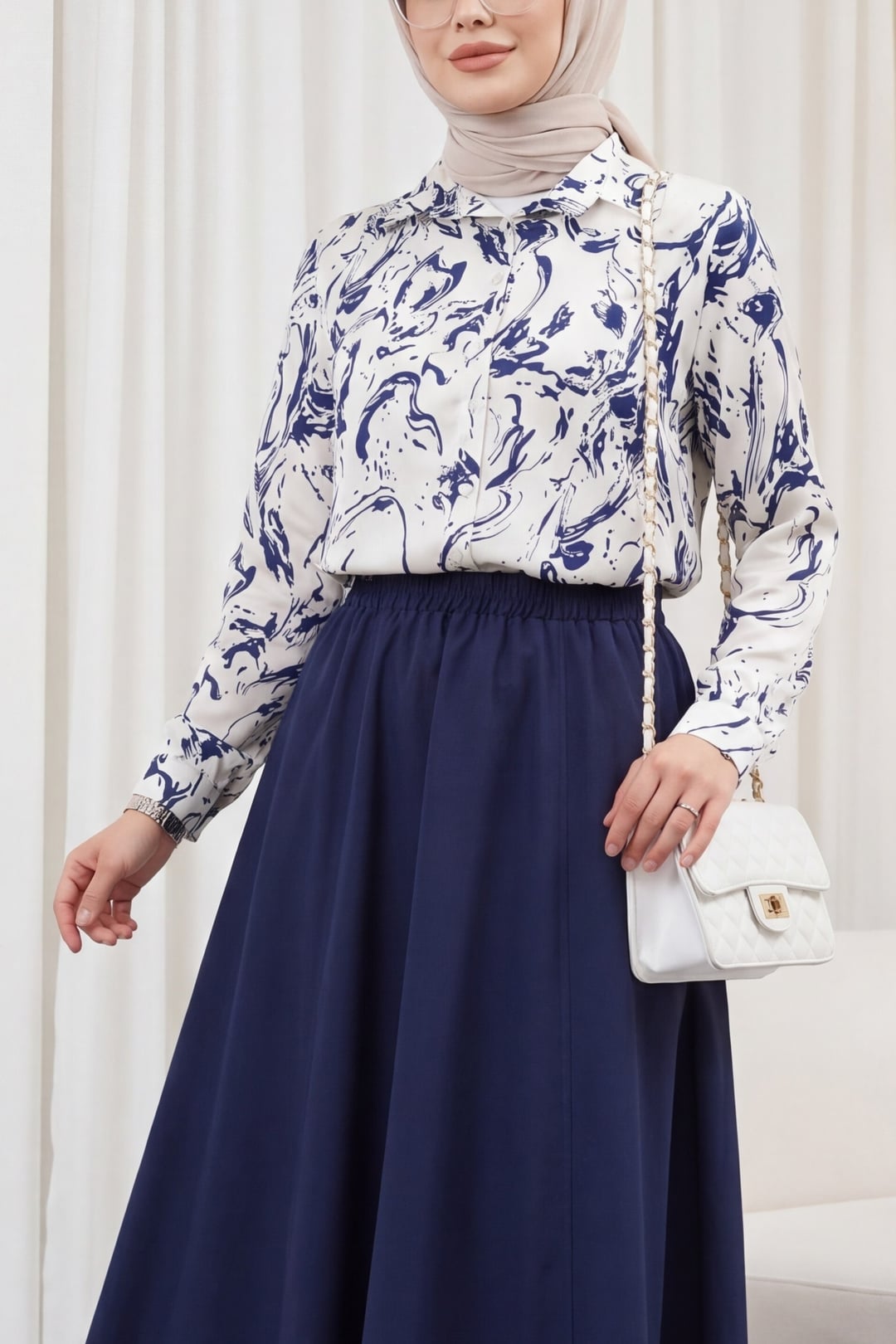 Navy Blue Printed Satin Blouse - Podyumplus - by Peralane