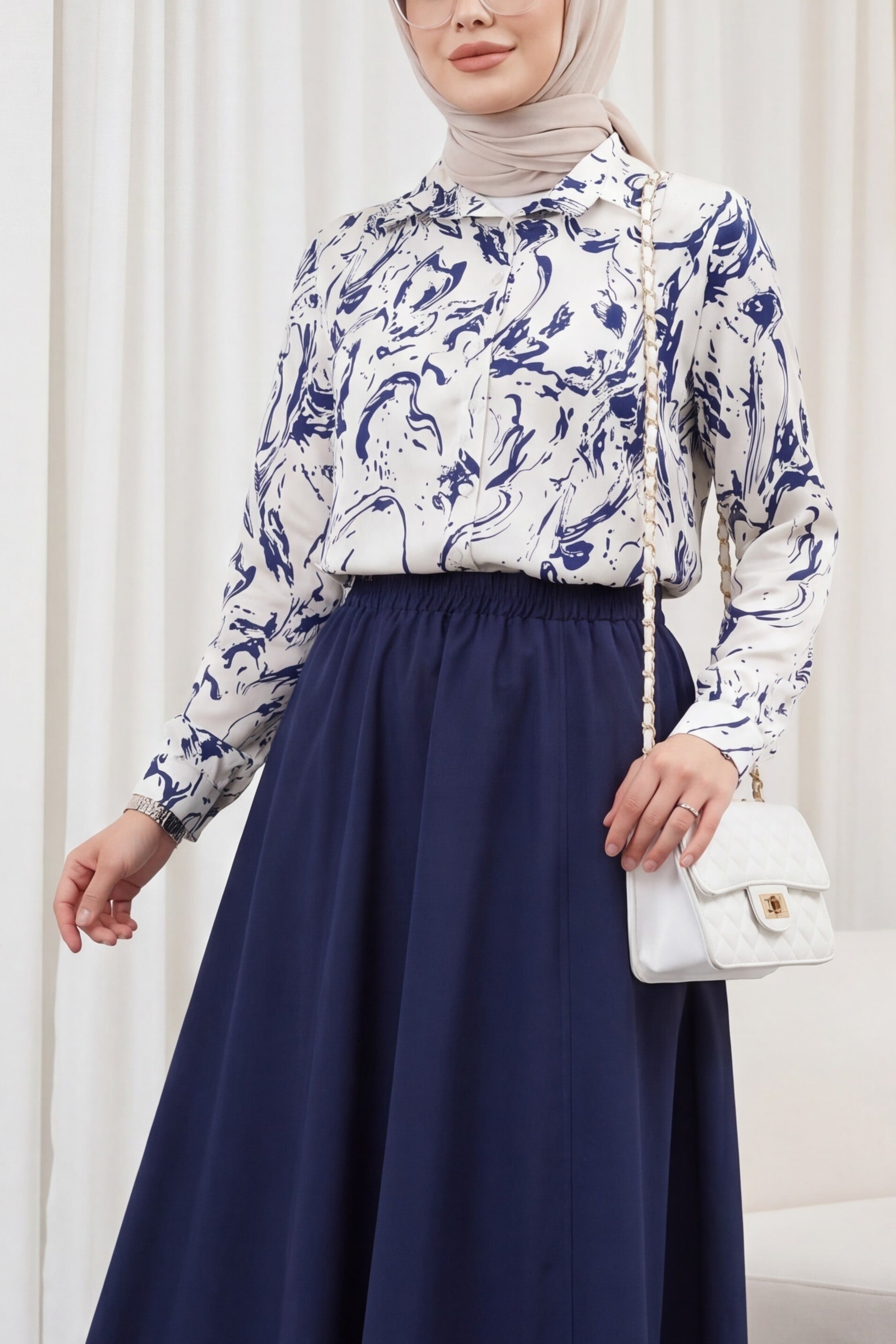 Navy Blue Printed Satin Blouse - Podyumplus - by Peralane