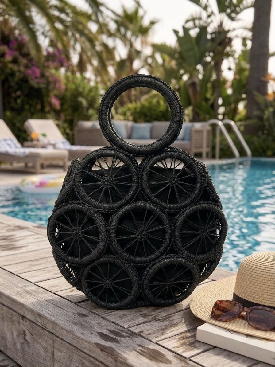 Black Woven Straw Handbag with Circular Handle - Nesvay - by Peralane