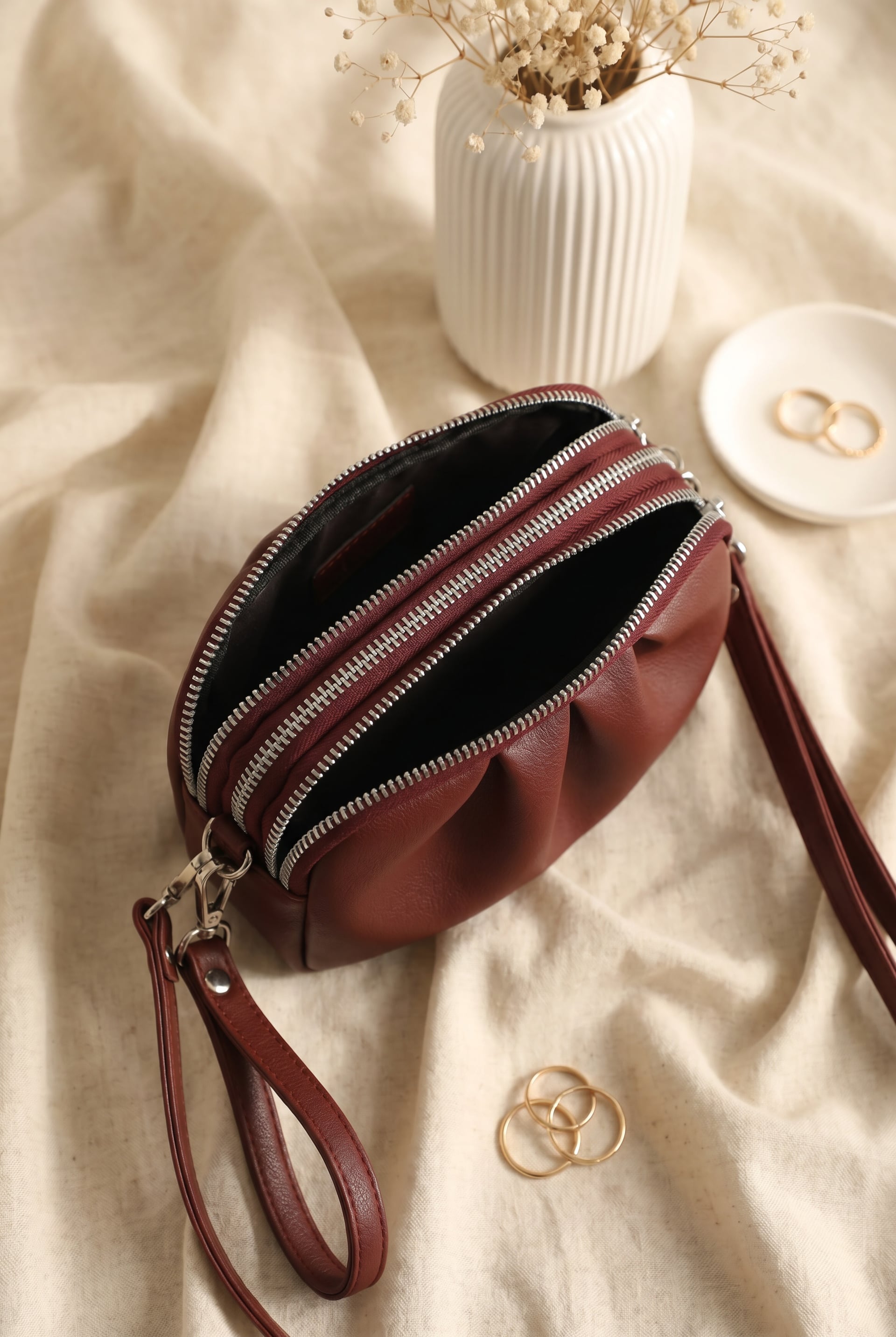 Three-Compartment Zippered Long-Strap Bag - Burgundy - Podyumplus - by Peralane - photo 2