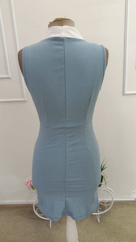 Women's Sleeveless Light Blue Faux Wrap Crepe Dress with Pearl Buttons - Janes - by Peralane - photo 5