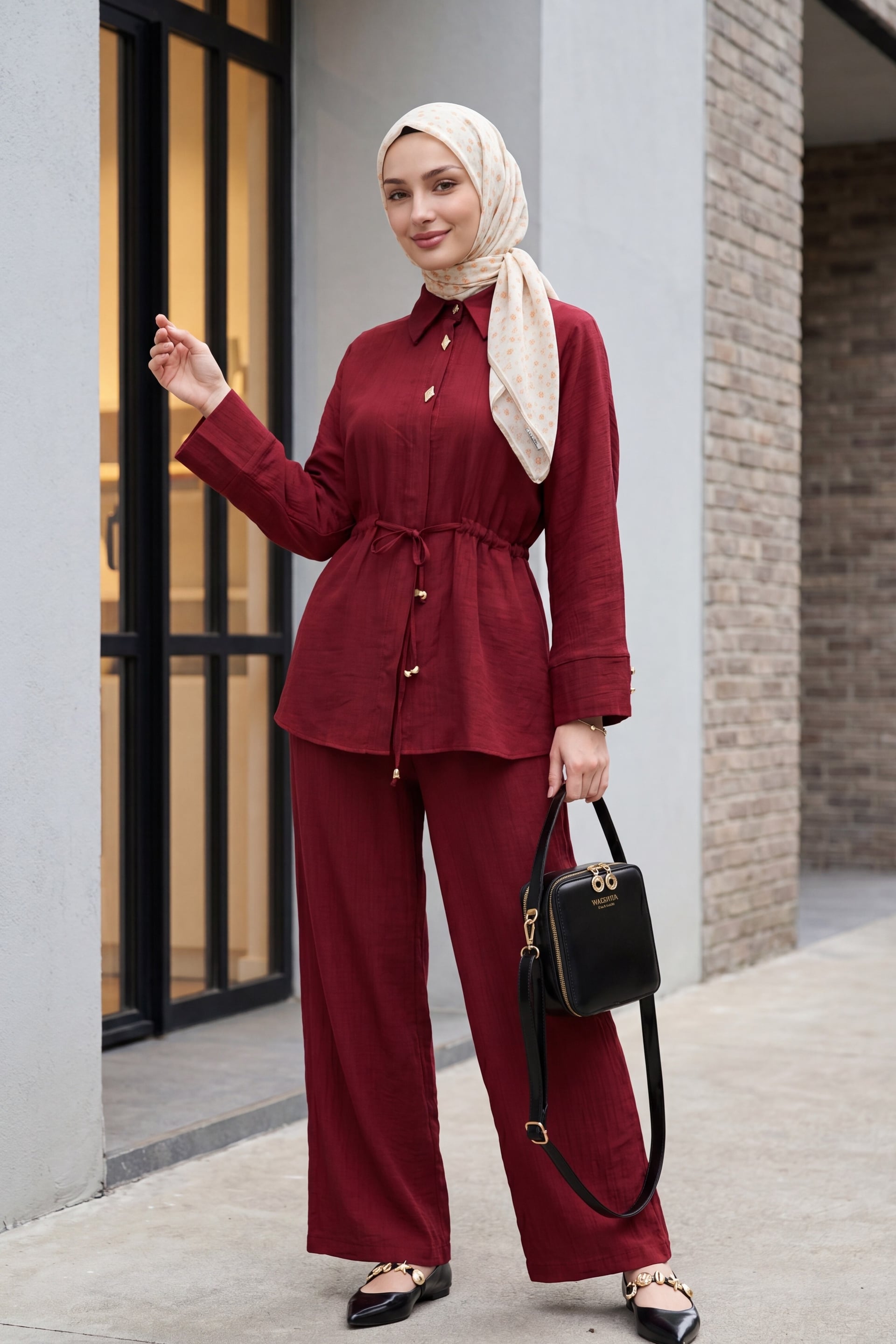Tunnel Lace-Up Cotton Crinkle Two-Piece Set with Elastic Waist Trousers - Burgundy - Podyumplus - by Peralane