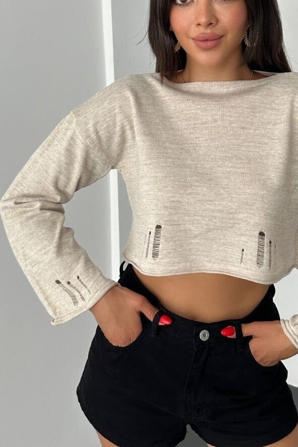 Boatneck Knit Crop Top - Stone - Podyumplus - by Peralane - photo 2