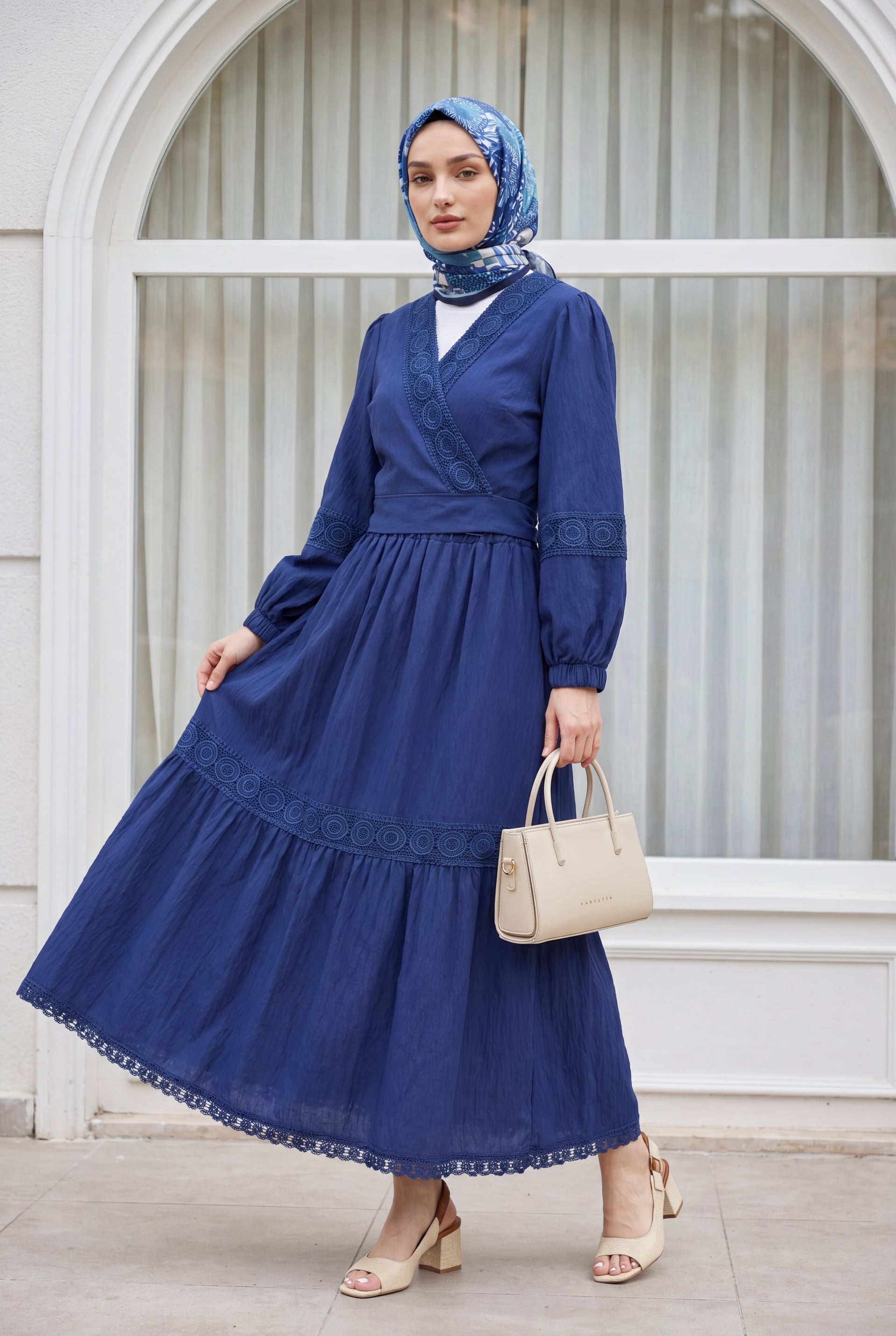Lace Trim Tie-Front Two-Piece Set with Long Maxi Skirt - Navy Blue - Podyumplus - by Peralane - photo 4