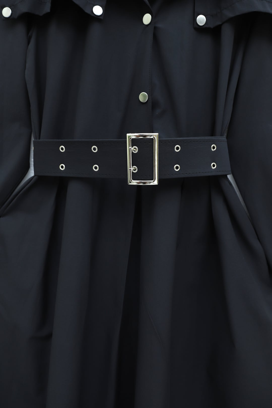 Half-Button Collared Side-Pocket Belted Cotton Satin Dress - Black - Podyumplus - by Peralane - photo 6